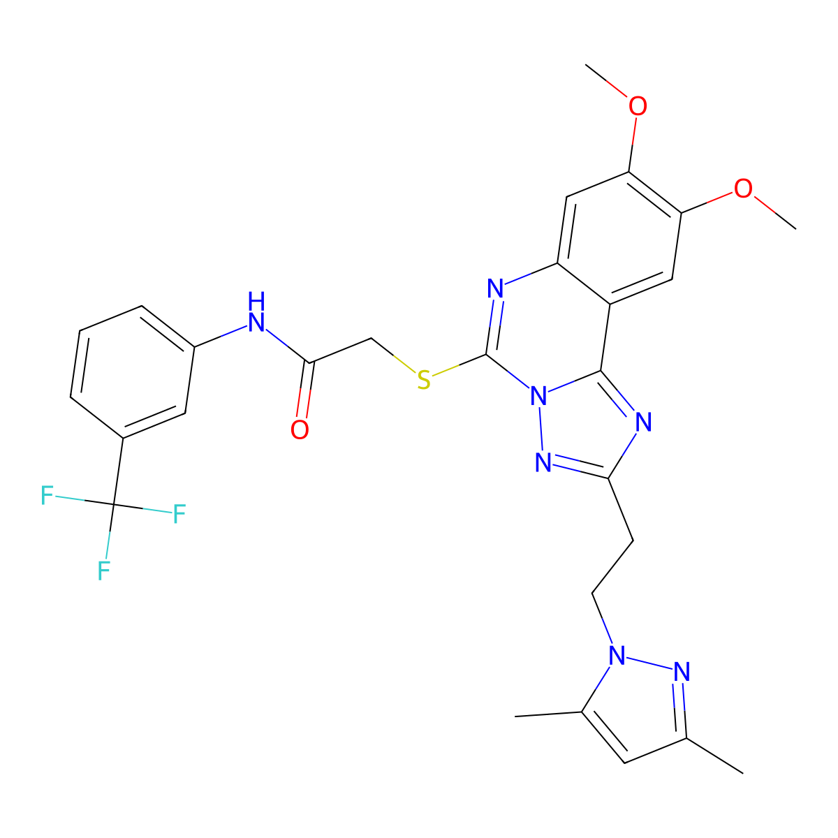 2-((2-(2-(3,5-dimethyl-1H-pyrazol-1-yl)ethyl)-8,9-dimethoxy-[1,2,4]triazolo[1,5-c]quinazolin-5-yl)thio)-N-(3-(trifluoromethyl)phenyl)acetamide molecular structure, CAS 1020048-05-8