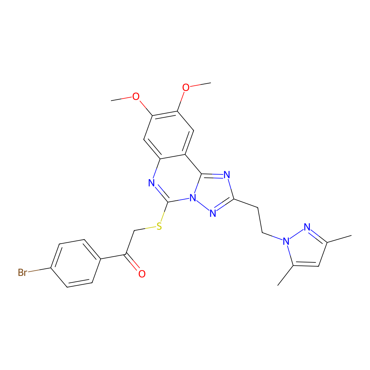 1-(4-bromophenyl)-2-((2-(2-(3,5-dimethyl-1H-pyrazol-1-yl)ethyl)-8,9-dimethoxy-[1,2,4]triazolo[1,5-c]quinazolin-5-yl)thio)ethanone molecular structure, CAS 1020048-06-9