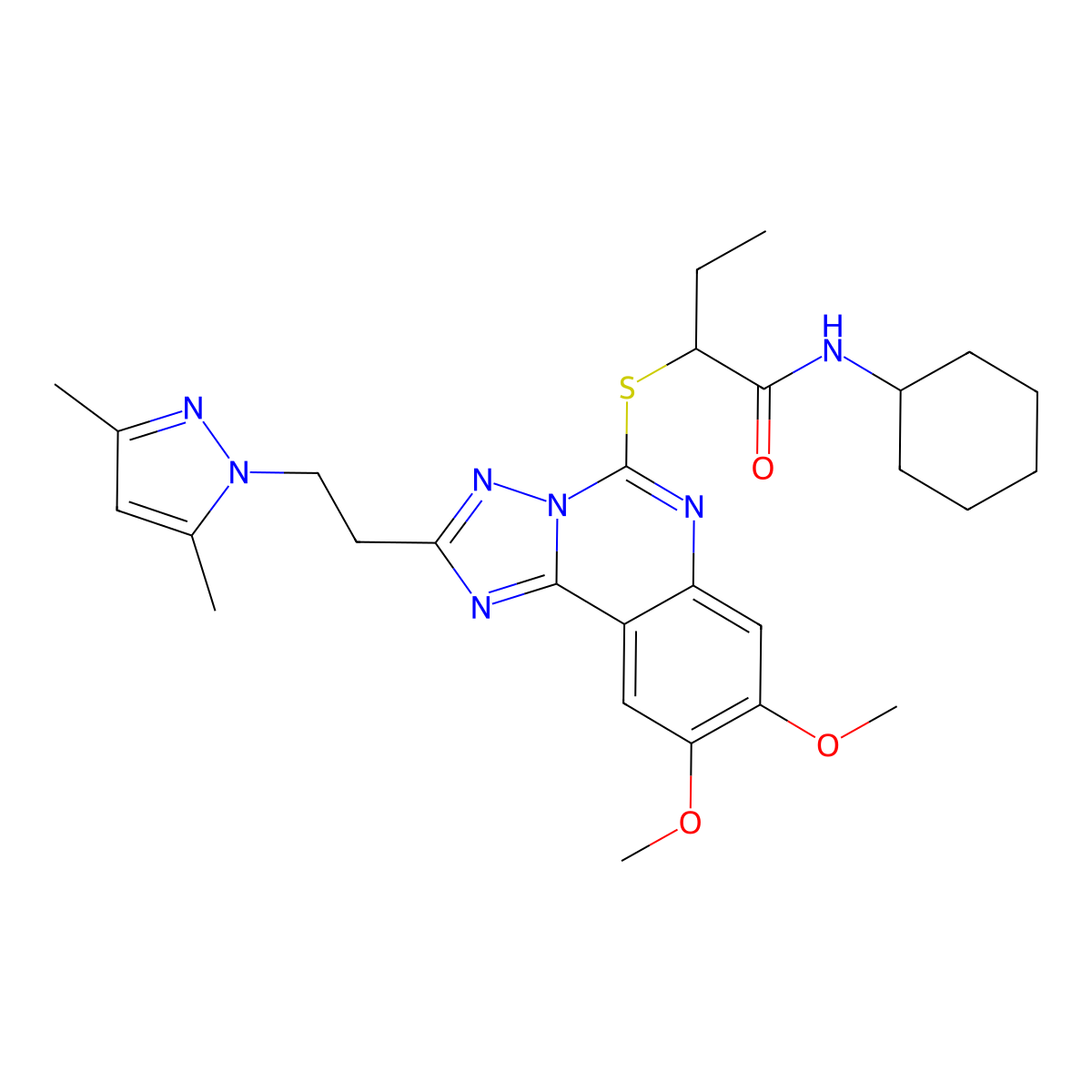 N-cyclohexyl-2-((2-(2-(3,5-dimethyl-1H-pyrazol-1-yl)ethyl)-8,9-dimethoxy-[1,2,4]triazolo[1,5-c]quinazolin-5-yl)thio)butanamide molecular structure, CAS 1020048-12-7