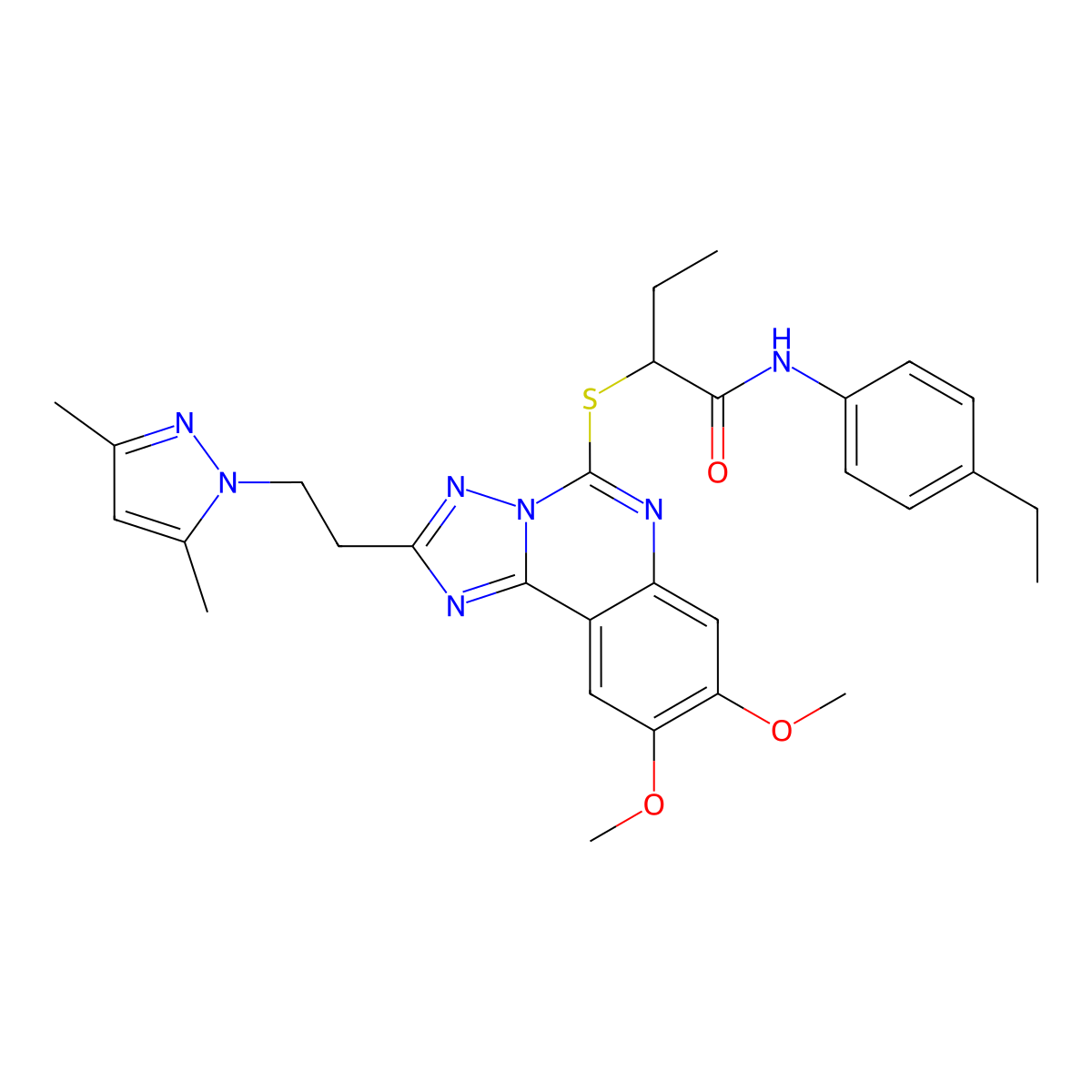 2-((2-(2-(3,5-dimethyl-1H-pyrazol-1-yl)ethyl)-8,9-dimethoxy-[1,2,4]triazolo[1,5-c]quinazolin-5-yl)thio)-N-(4-ethylphenyl)butanamide molecular structure, CAS 1020048-13-8