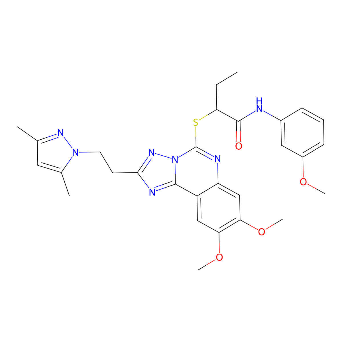 2-((2-(2-(3,5-dimethyl-1H-pyrazol-1-yl)ethyl)-8,9-dimethoxy-[1,2,4]triazolo[1,5-c]quinazolin-5-yl)thio)-N-(3-methoxyphenyl)butanamide molecular structure, CAS 1020048-14-9