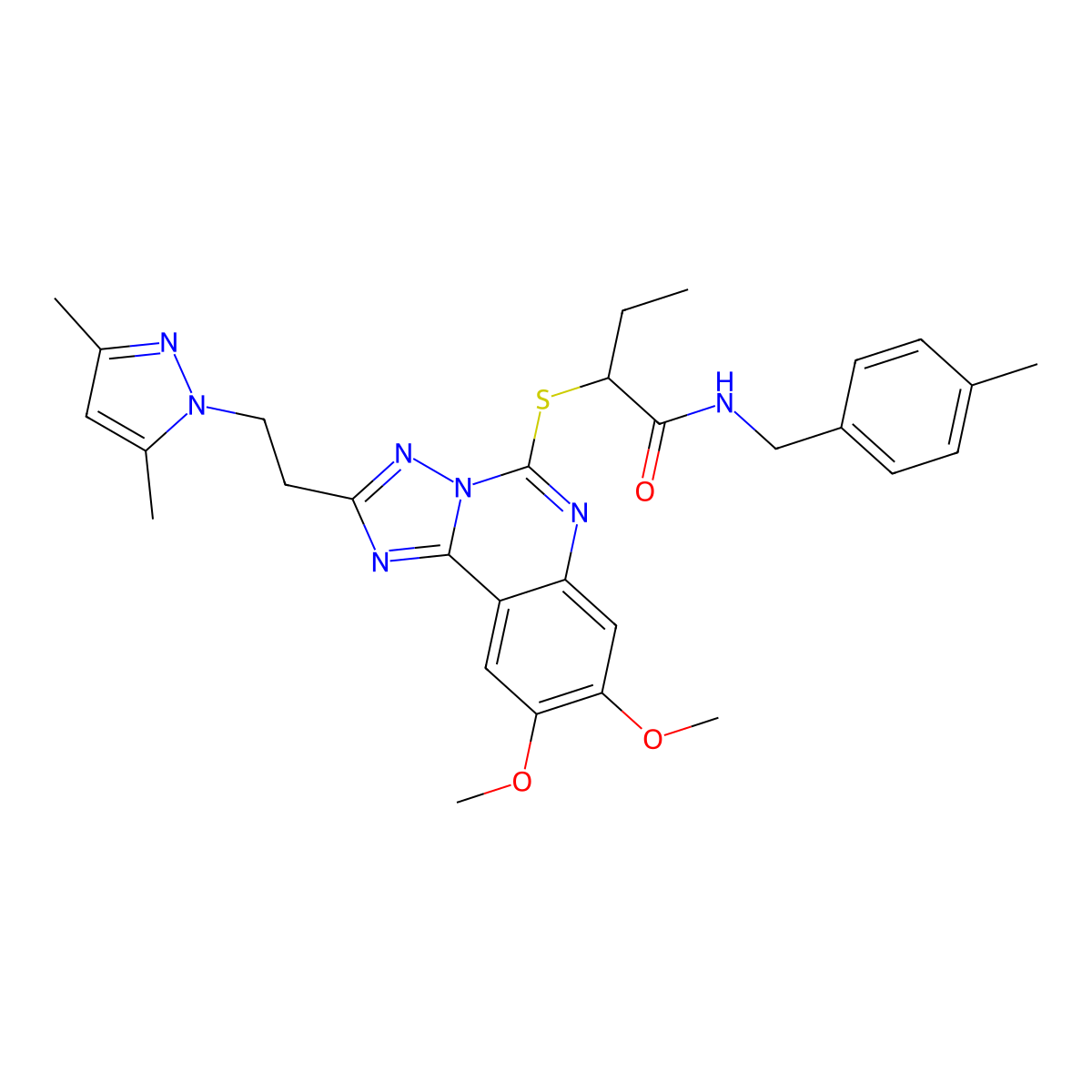 2-((2-(2-(3,5-dimethyl-1H-pyrazol-1-yl)ethyl)-8,9-dimethoxy-[1,2,4]triazolo[1,5-c]quinazolin-5-yl)thio)-N-(4-methylbenzyl)butanamide molecular structure, CAS 1020048-15-0