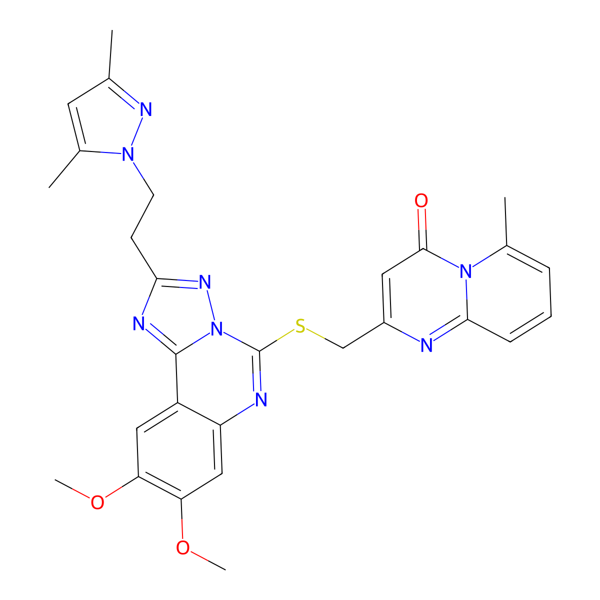 2-[({2-[2-(3,5-dimethyl-1H-pyrazol-1-yl)ethyl]-8,9-dimethoxy-[1,2,4]triazolo[1,5-c]quinazolin-5-yl}sulfanyl)methyl]-6-methyl-4H-pyrido[1,2-a]pyrimidin-4-one molecular structure, CAS 1020048-16-1
