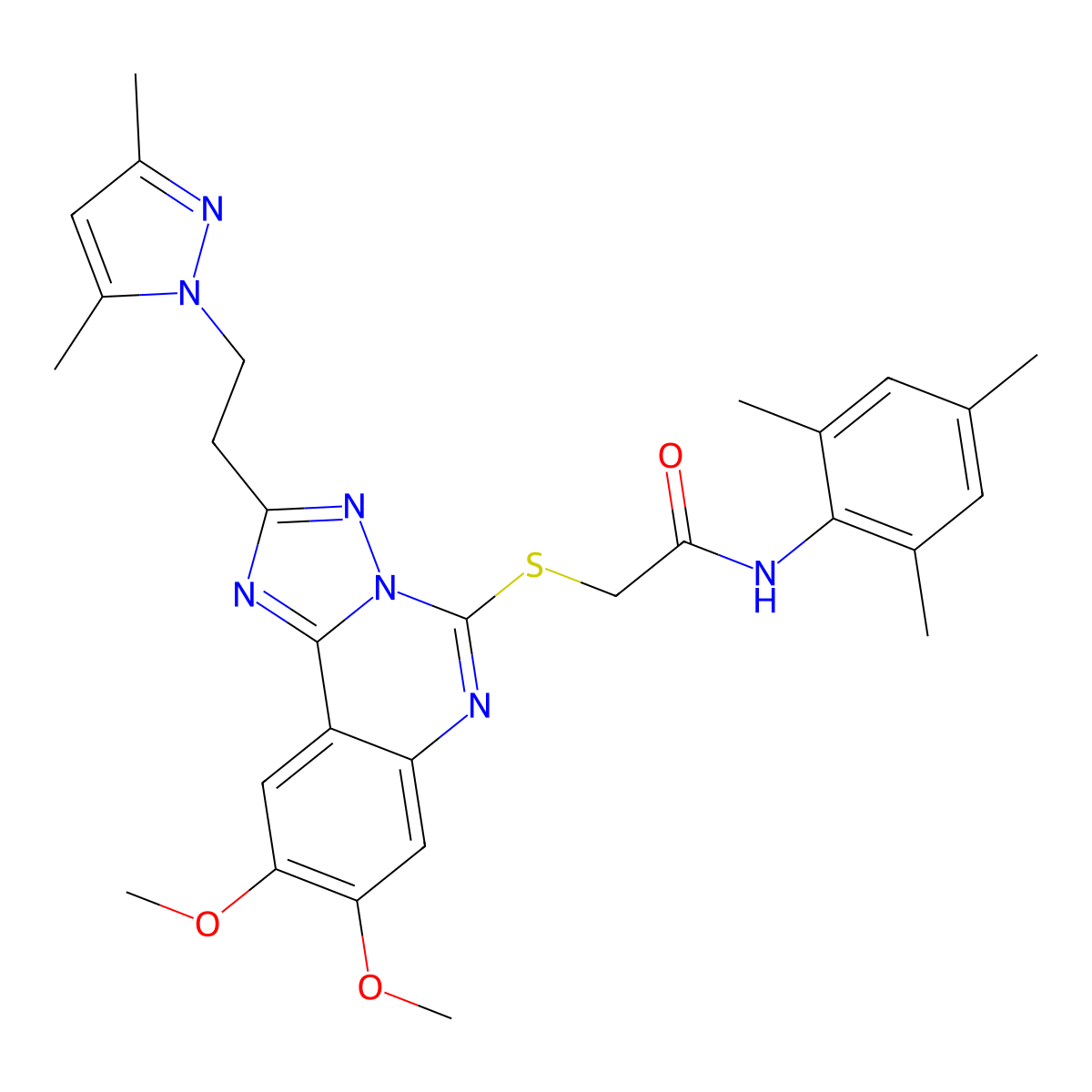 2-((2-(2-(3,5-dimethyl-1H-pyrazol-1-yl)ethyl)-8,9-dimethoxy-[1,2,4]triazolo[1,5-c]quinazolin-5-yl)thio)-N-mesitylacetamide molecular structure, CAS 1020048-24-1