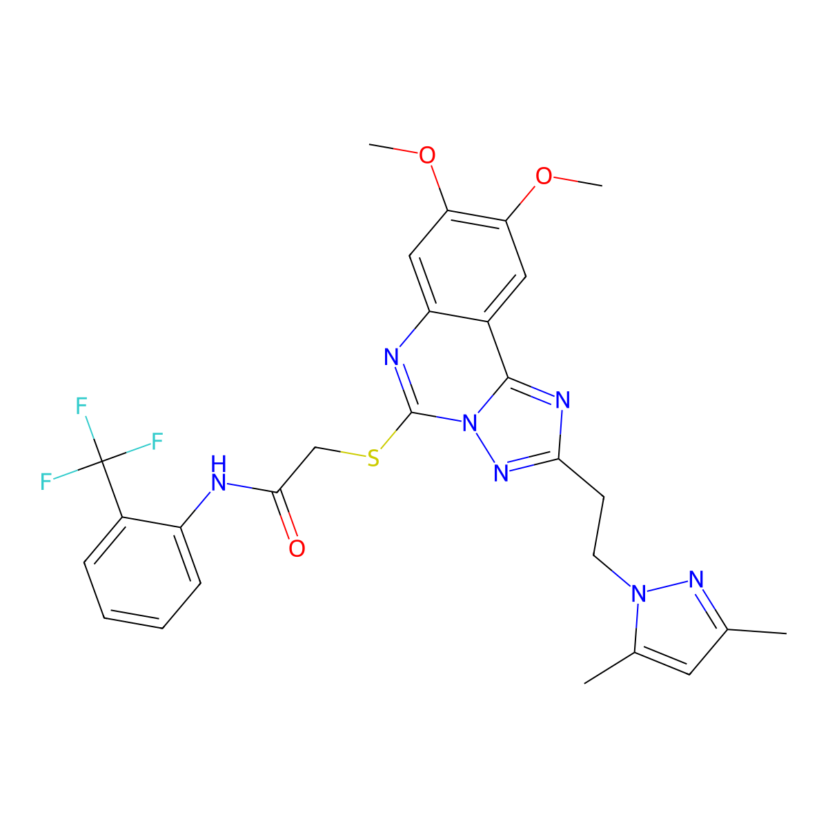 2-((2-(2-(3,5-dimethyl-1H-pyrazol-1-yl)ethyl)-8,9-dimethoxy-[1,2,4]triazolo[1,5-c]quinazolin-5-yl)thio)-N-(2-(trifluoromethyl)phenyl)acetamide molecular structure, CAS 1020048-26-3