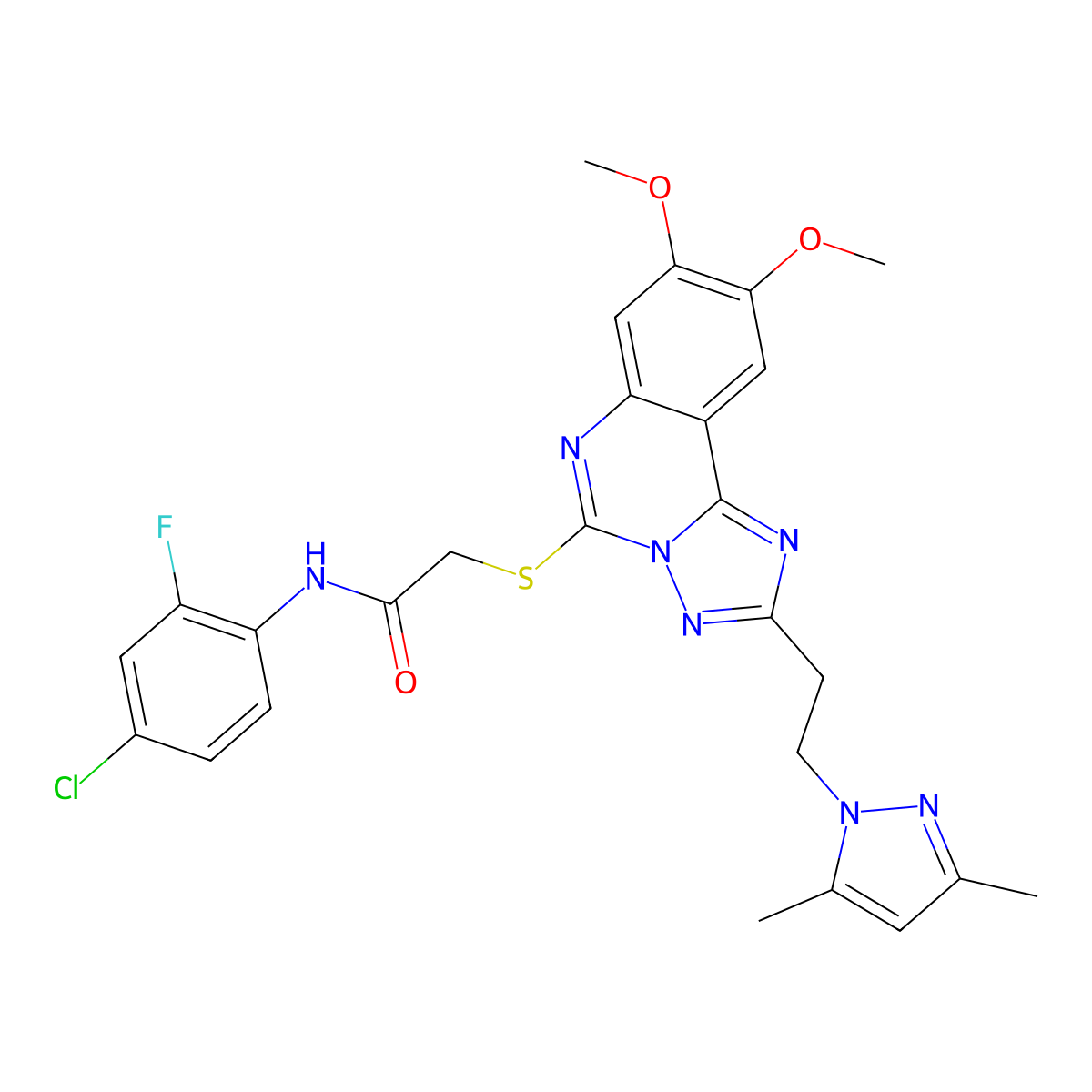 N-(4-chloro-2-fluorophenyl)-2-((2-(2-(3,5-dimethyl-1H-pyrazol-1-yl)ethyl)-8,9-dimethoxy-[1,2,4]triazolo[1,5-c]quinazolin-5-yl)thio)acetamide molecular structure, CAS 1020048-27-4