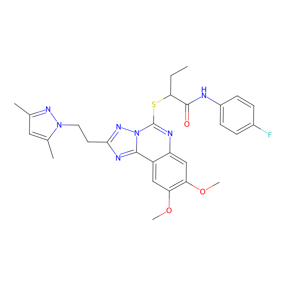 2-({2-[2-(3,5-dimethyl-1H-pyrazol-1-yl)ethyl]-8,9-dimethoxy-[1,2,4]triazolo[1,5-c]quinazolin-5-yl}sulfanyl)-N-(4-fluorophenyl)butanamide molecular structure, CAS 1020048-28-5