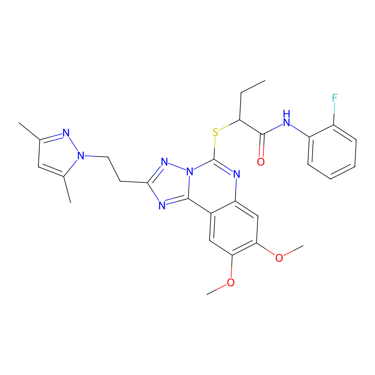 2-((2-(2-(3,5-dimethyl-1H-pyrazol-1-yl)ethyl)-8,9-dimethoxy-[1,2,4]triazolo[1,5-c]quinazolin-5-yl)thio)-N-(2-fluorophenyl)butanamide molecular structure, CAS 1020048-29-6
