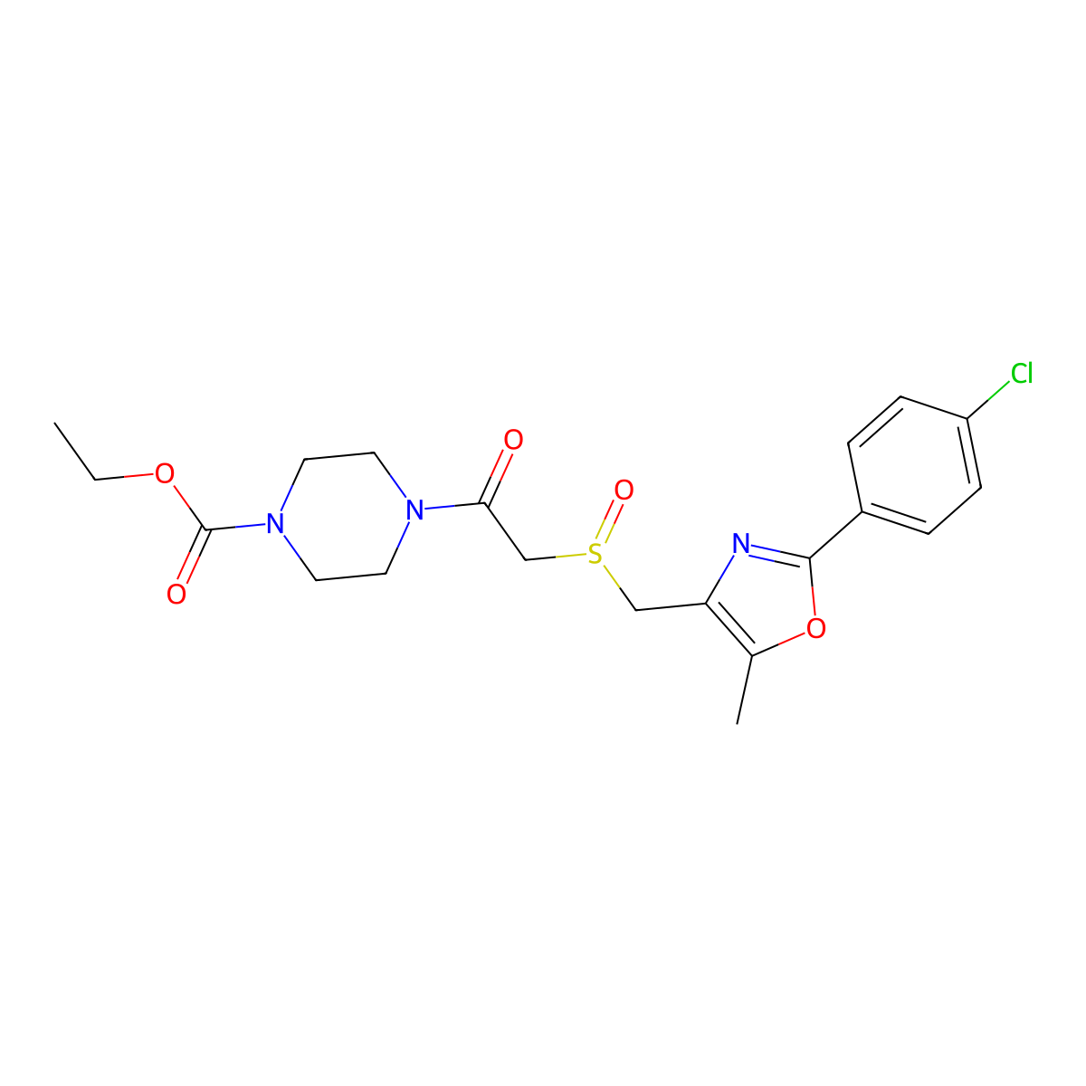 Ethyl 4-(2-(((2-(4-chlorophenyl)-5-methyloxazol-4-yl)methyl)sulfinyl)acetyl)piperazine-1-carboxylate molecular structure, CAS 1020049-00-6