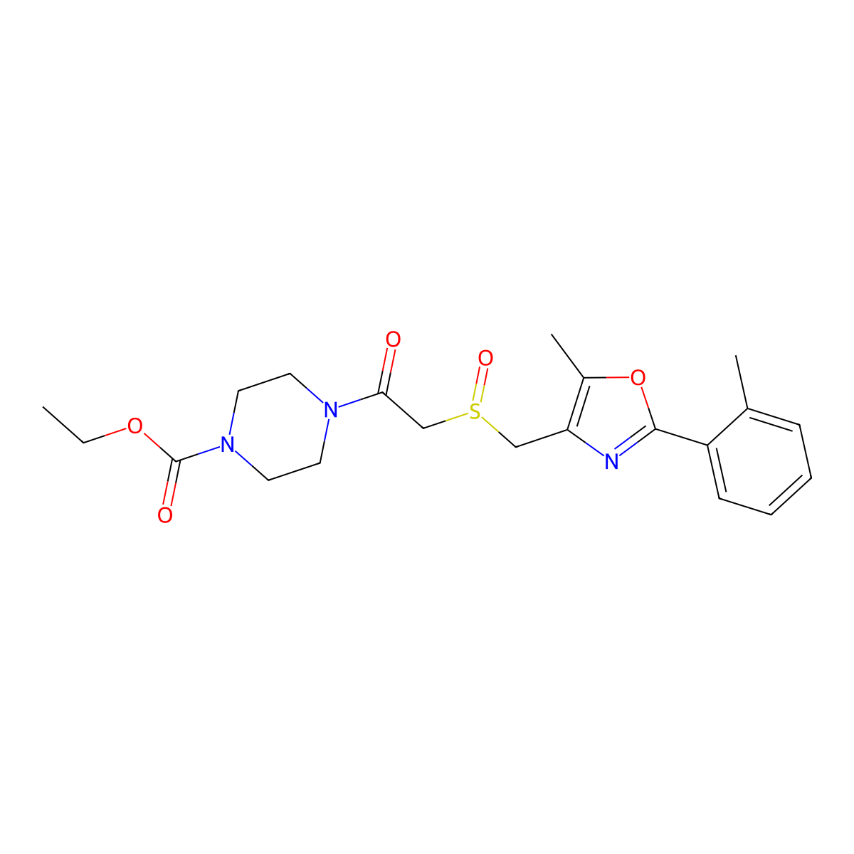 Ethyl 4-(2-(((5-methyl-2-(o-tolyl)oxazol-4-yl)methyl)sulfinyl)acetyl)piperazine-1-carboxylate molecular structure, CAS 1020049-24-4