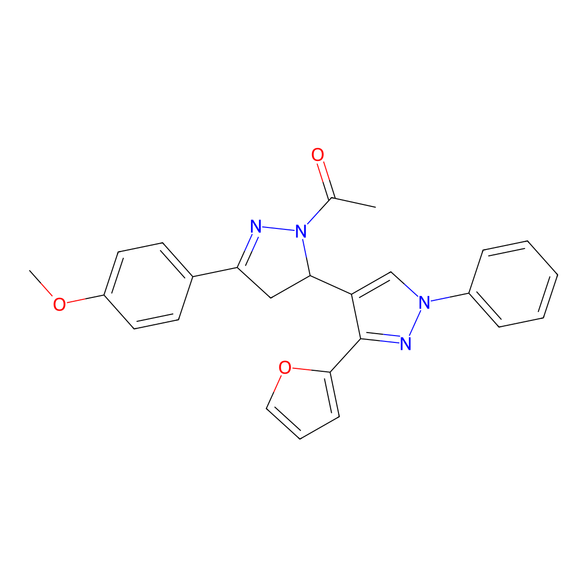 1-(3'-(furan-2-yl)-5-(4-methoxyphenyl)-1'-phenyl-3,4-dihydro-1'H,2H-[3,4'-bipyrazol]-2-yl)ethanone molecular structure, CAS 1020051-86-8