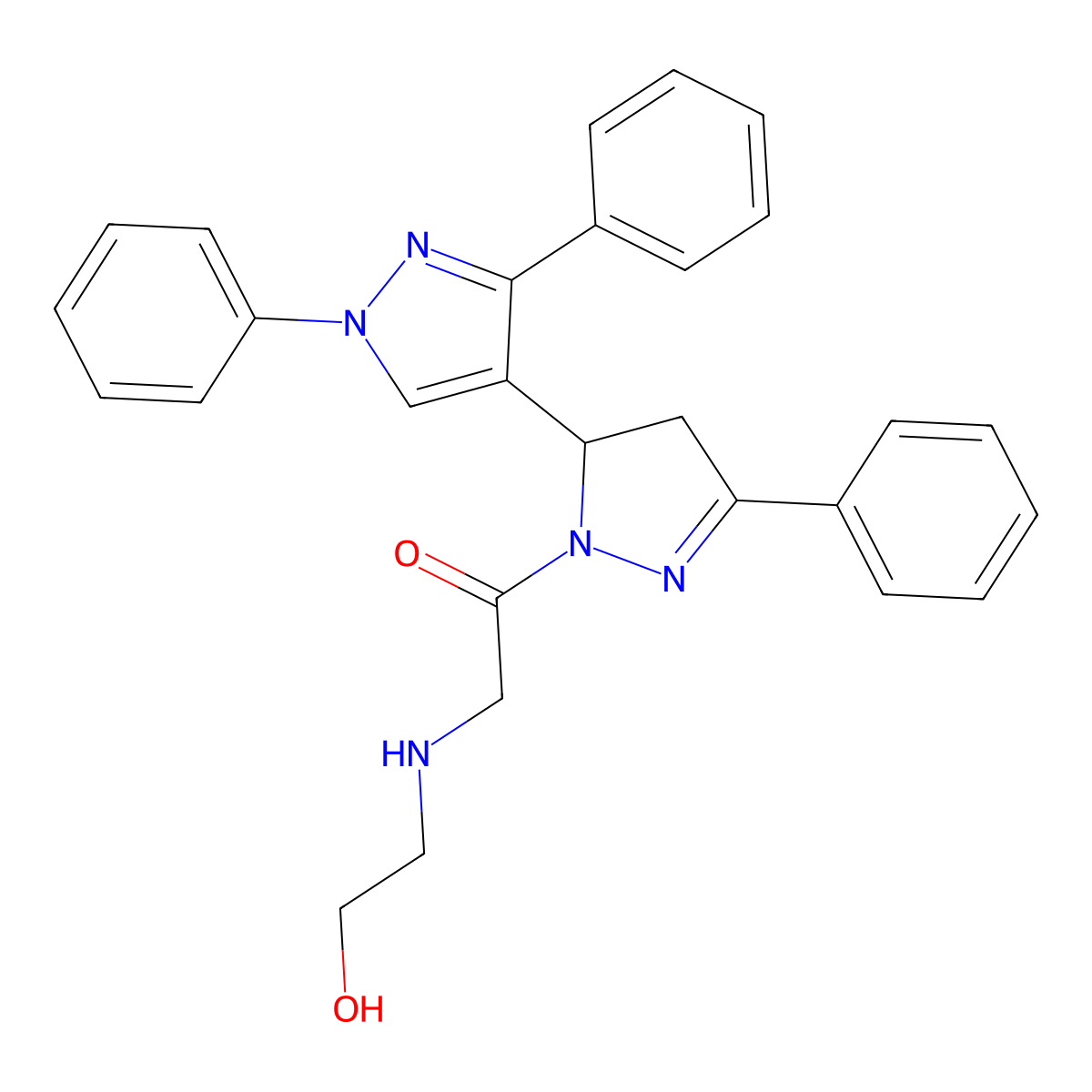 2-((2-hydroxyethyl)amino)-1-(1',3',5-triphenyl-3,4-dihydro-1'H,2H-[3,4'-bipyrazol]-2-yl)ethanone molecular structure, CAS 1020051-88-0