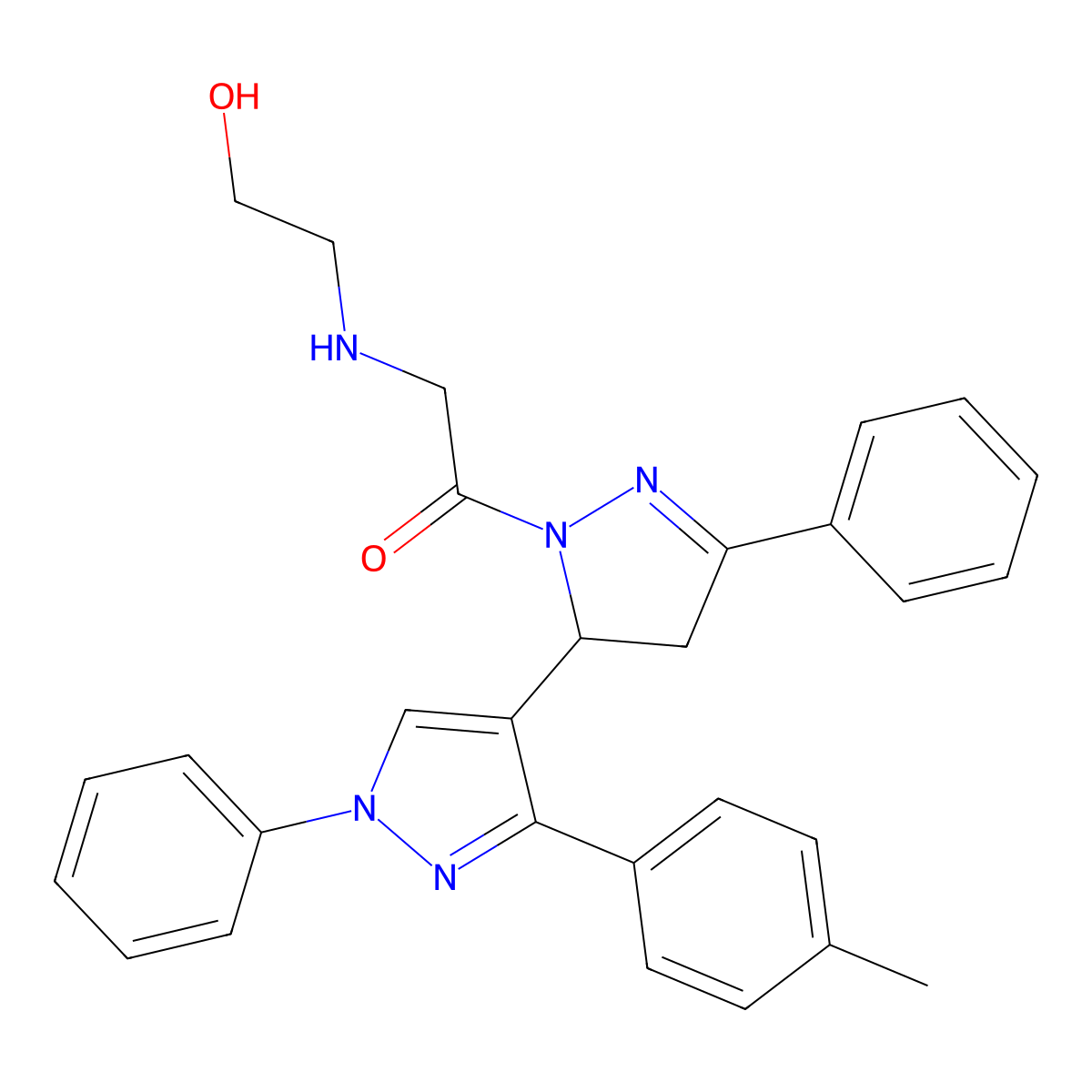 1-(1',5-diphenyl-3'-(p-tolyl)-3,4-dihydro-1'H,2H-[3,4'-bipyrazol]-2-yl)-2-((2-hydroxyethyl)amino)ethanone molecular structure, CAS 1020051-89-1