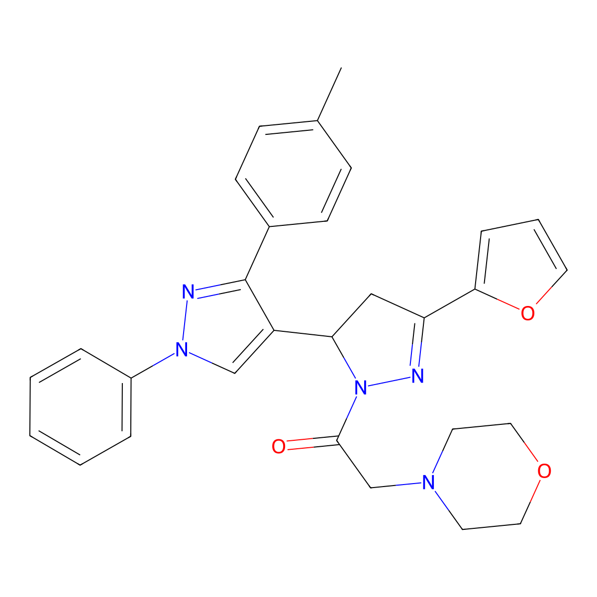 1-[5-(furan-2-yl)-3'-(4-methylphenyl)-1'-phenyl-3,4-dihydro-1'H,2H-[3,4'-bipyrazole]-2-yl]-2-(morpholin-4-yl)ethan-1-one molecular structure, CAS 1020051-90-4
