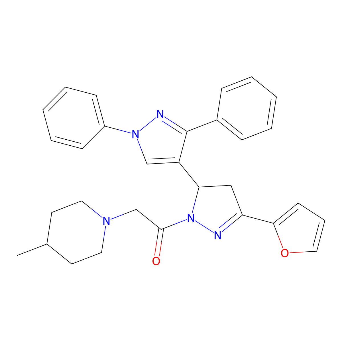 1-[5-(furan-2-yl)-1',3'-diphenyl-3,4-dihydro-1'H,2H-[3,4'-bipyrazole]-2-yl]-2-(4-methylpiperidin-1-yl)ethan-1-one molecular structure, CAS 1020051-91-5