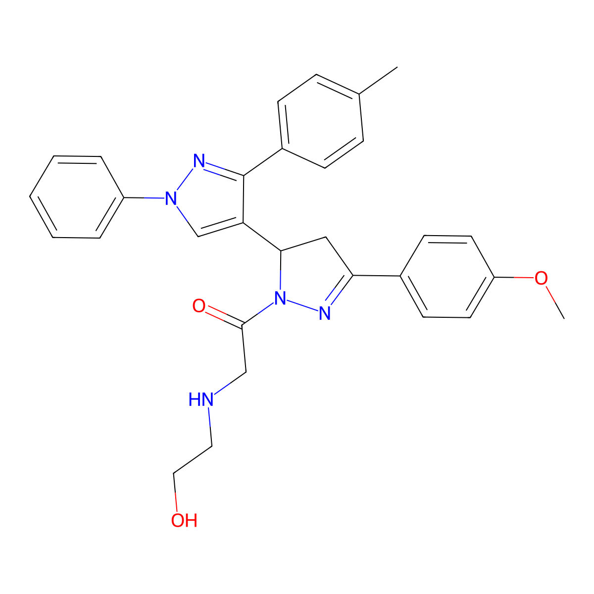2-[(2-hydroxyethyl)amino]-1-[5-(4-methoxyphenyl)-3'-(4-methylphenyl)-1'-phenyl-3,4-dihydro-1'H,2H-[3,4'-bipyrazole]-2-yl]ethan-1-one molecular structure, CAS 1020051-92-6