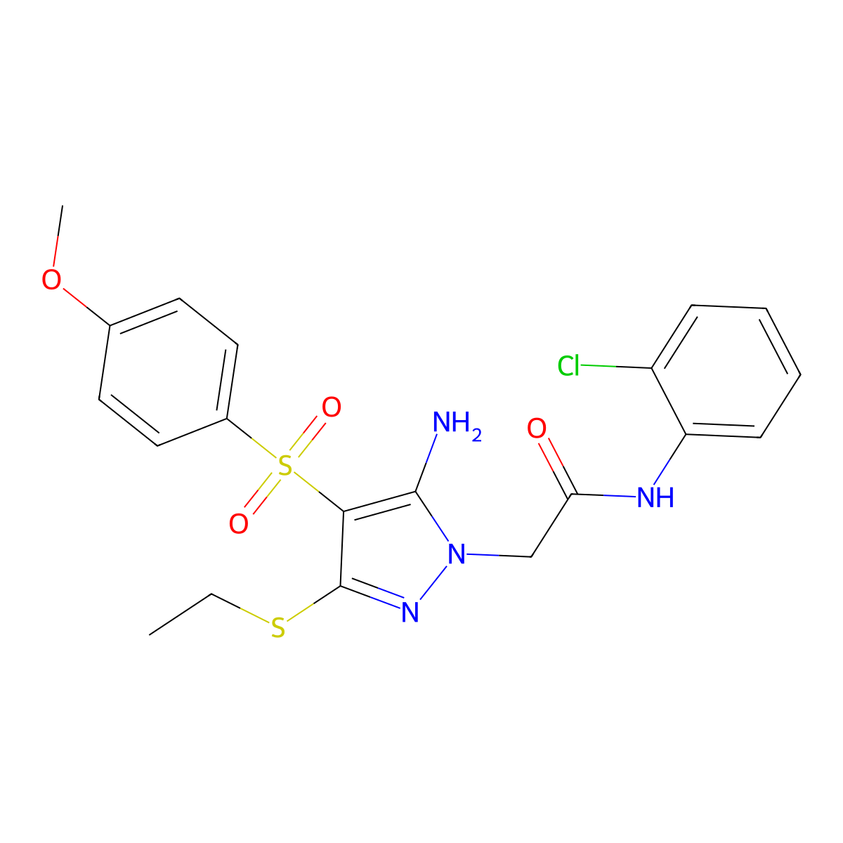 2-(5-amino-3-(ethylthio)-4-((4-methoxyphenyl)sulfonyl)-1H-pyrazol-1-yl)-N-(2-chlorophenyl)acetamide molecular structure, CAS 1020051-94-8