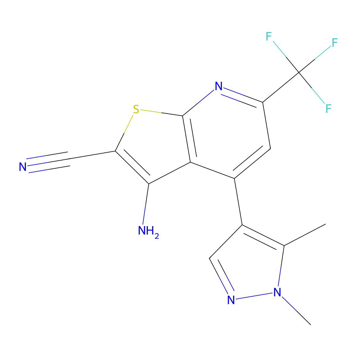 3-amino-4-(1,5-dimethyl-1H-pyrazol-4-yl)-6-(trifluoromethyl)thieno[2,3-b]pyridine-2-carbonitrile molecular structure, CAS 1020058-98-3