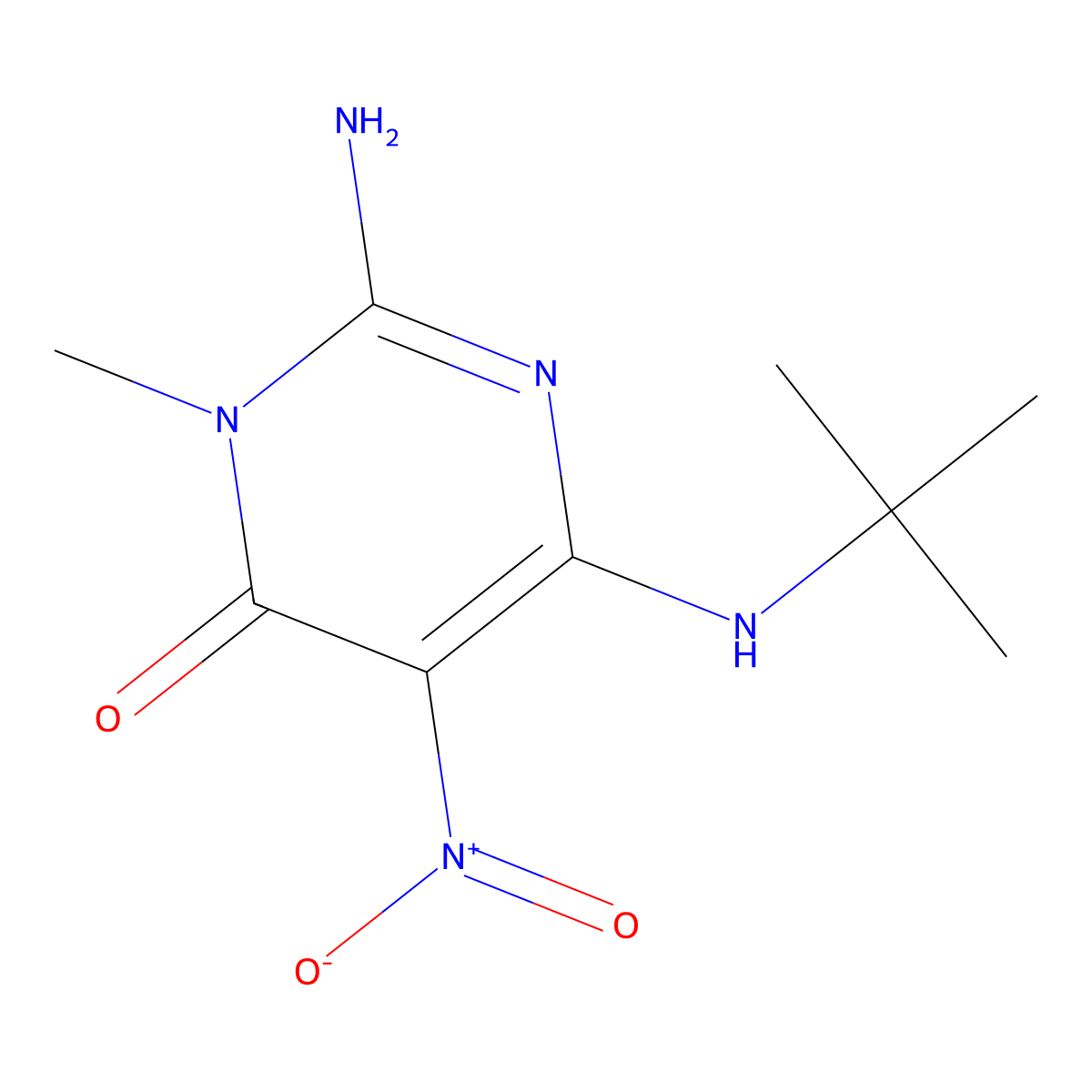 2-amino-6-((1,1-dimethylethyl)amino)-5-(nitro)-3-methylpyrimidin-4(3H)-one molecular structure, CAS 10201-01-1