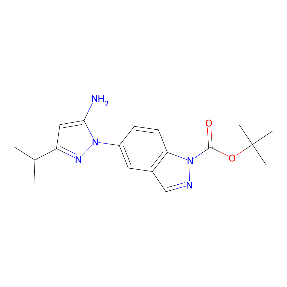 tert-butyl 5-(5-amino-3-isopropyl-1H-pyrazol-1-yl)-1H-indazole-1-carboxylate molecular structure, CAS 1020173-63-0