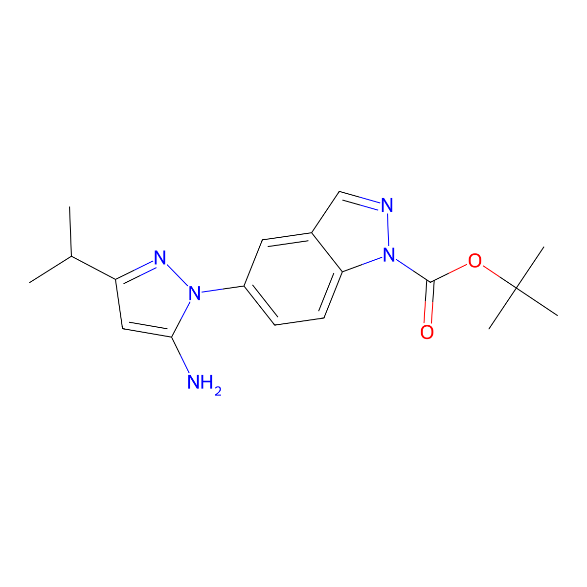tert-butyl 5-(5-amino-3-isopropyl-1H-pyrazol-1-yl)-1H-indazole-1-carboxylate molecular structure, CAS 1020173-63-0