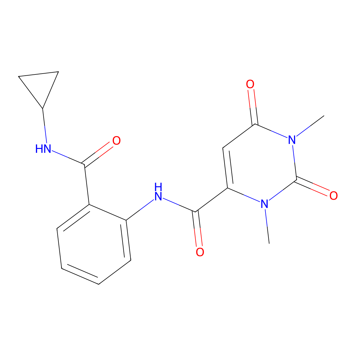 N-[2-(cyclopropylcarbamoyl)phenyl]-1,3-dimethyl-2,6-dioxo-1,2,3,6-tetrahydropyrimidine-4-carboxamide molecular structure, CAS 1020241-57-9