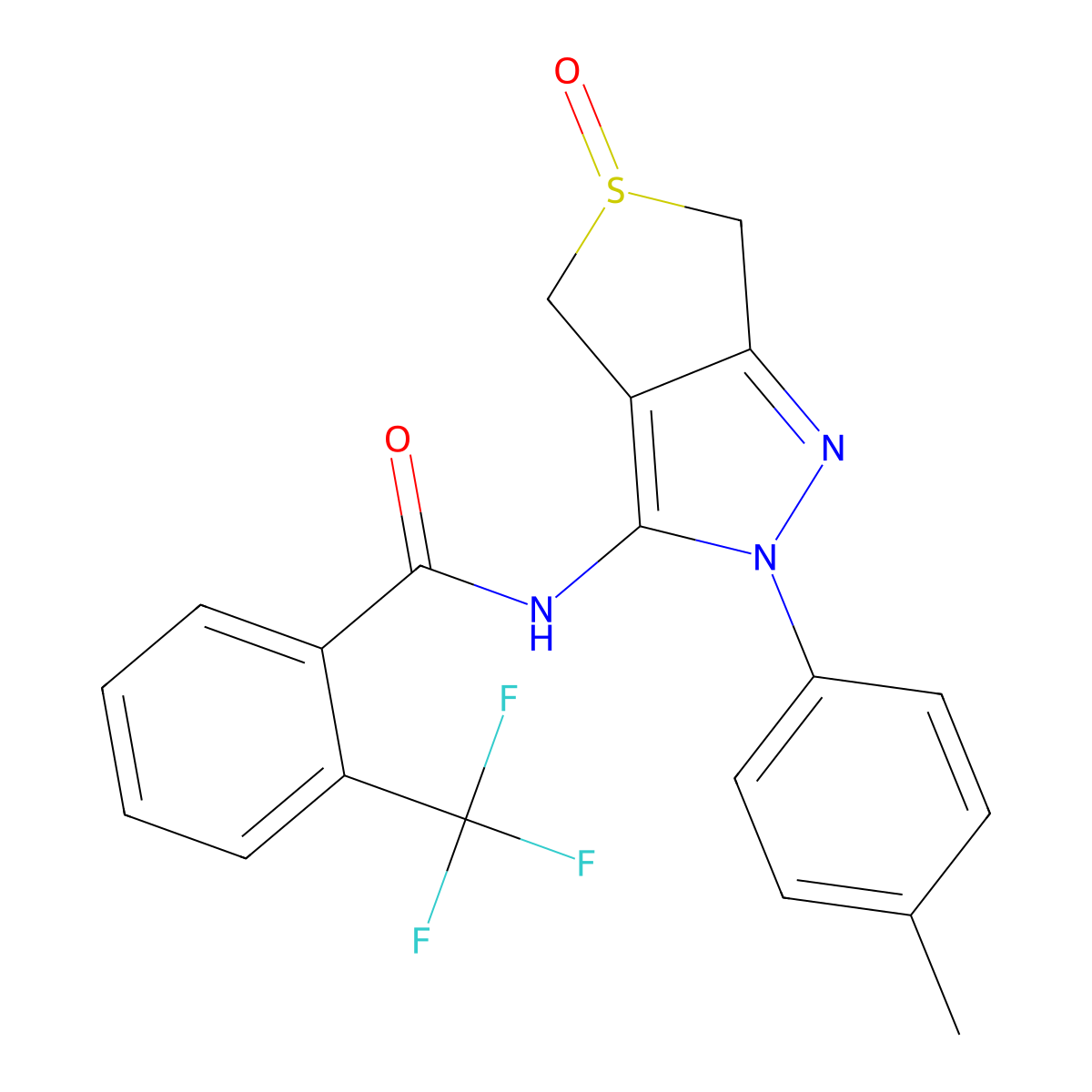 N-(5-oxido-2-(p-tolyl)-4,6-dihydro-2H-thieno[3,4-c]pyrazol-3-yl)-2-(trifluoromethyl)benzamide molecular structure, CAS 1020247-26-0