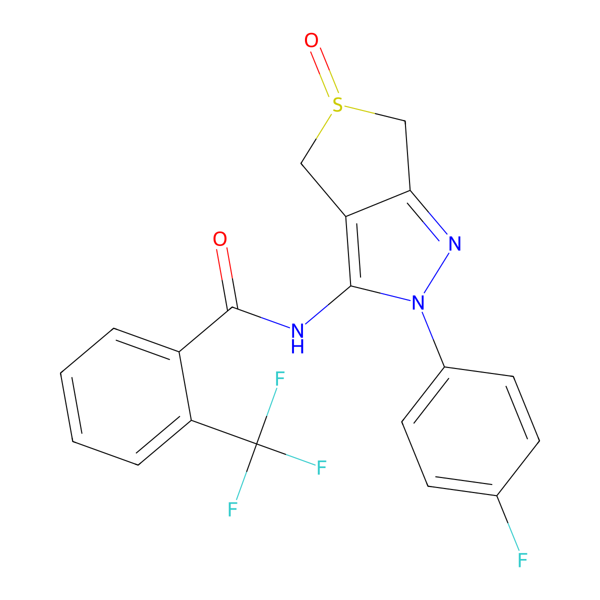N-(2-(4-fluorophenyl)-5-oxido-4,6-dihydro-2H-thieno[3,4-c]pyrazol-3-yl)-2-(trifluoromethyl)benzamide molecular structure, CAS 1020247-28-2