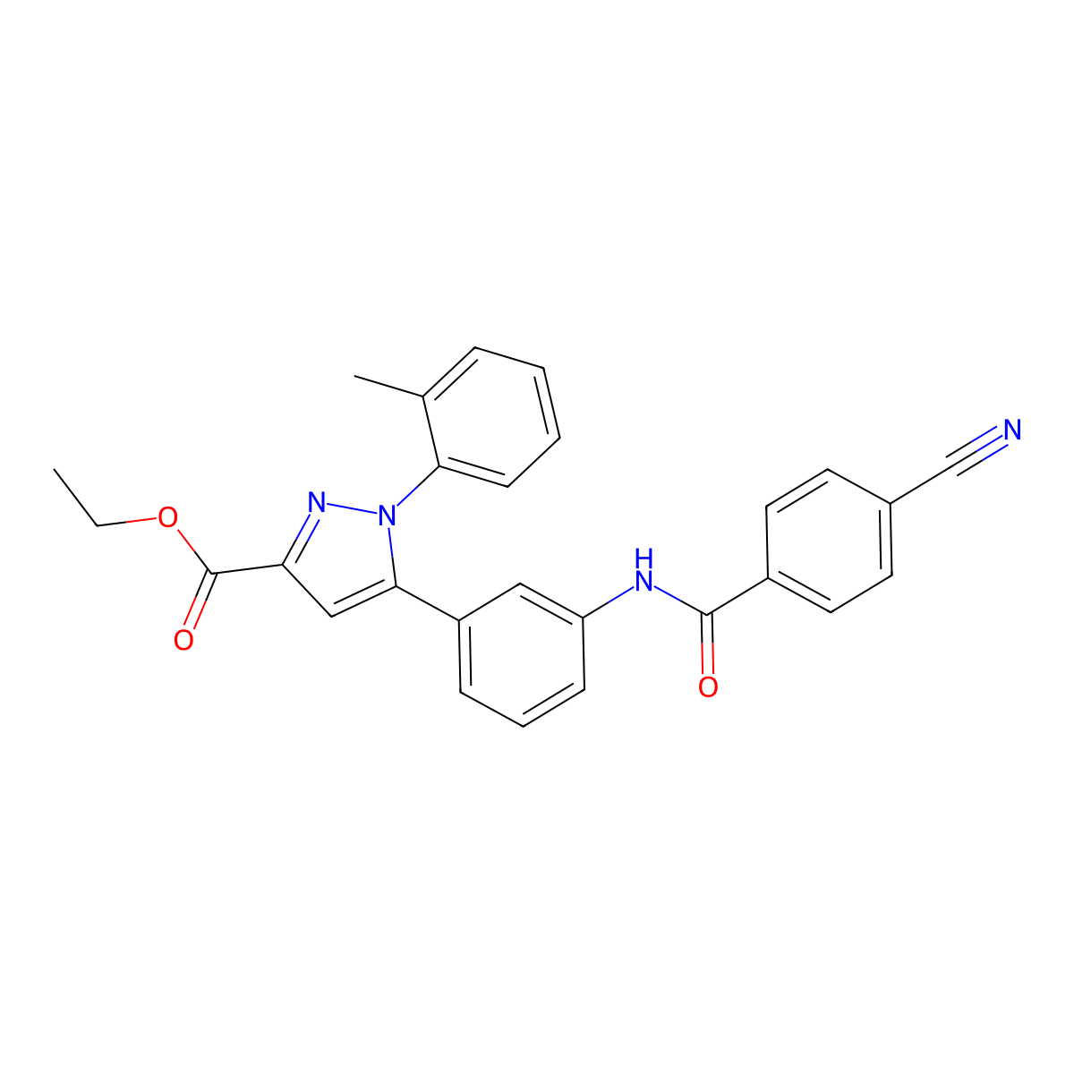 Ethyl 5-(3-(4-cyanobenzamido)phenyl)-1-(o-tolyl)-1H-pyrazole-3-carboxylate molecular structure, CAS 1020248-67-2