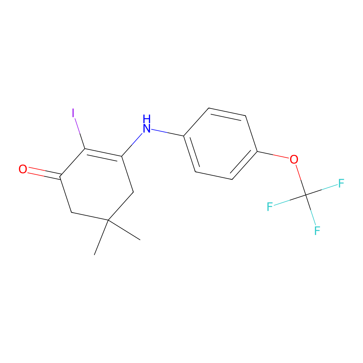 2-Iodo-5,5-dimethyl-3-[4-(trifluoromethoxy)anilino]cyclohex-2-en-1-one molecular structure, CAS 1020252-05-4