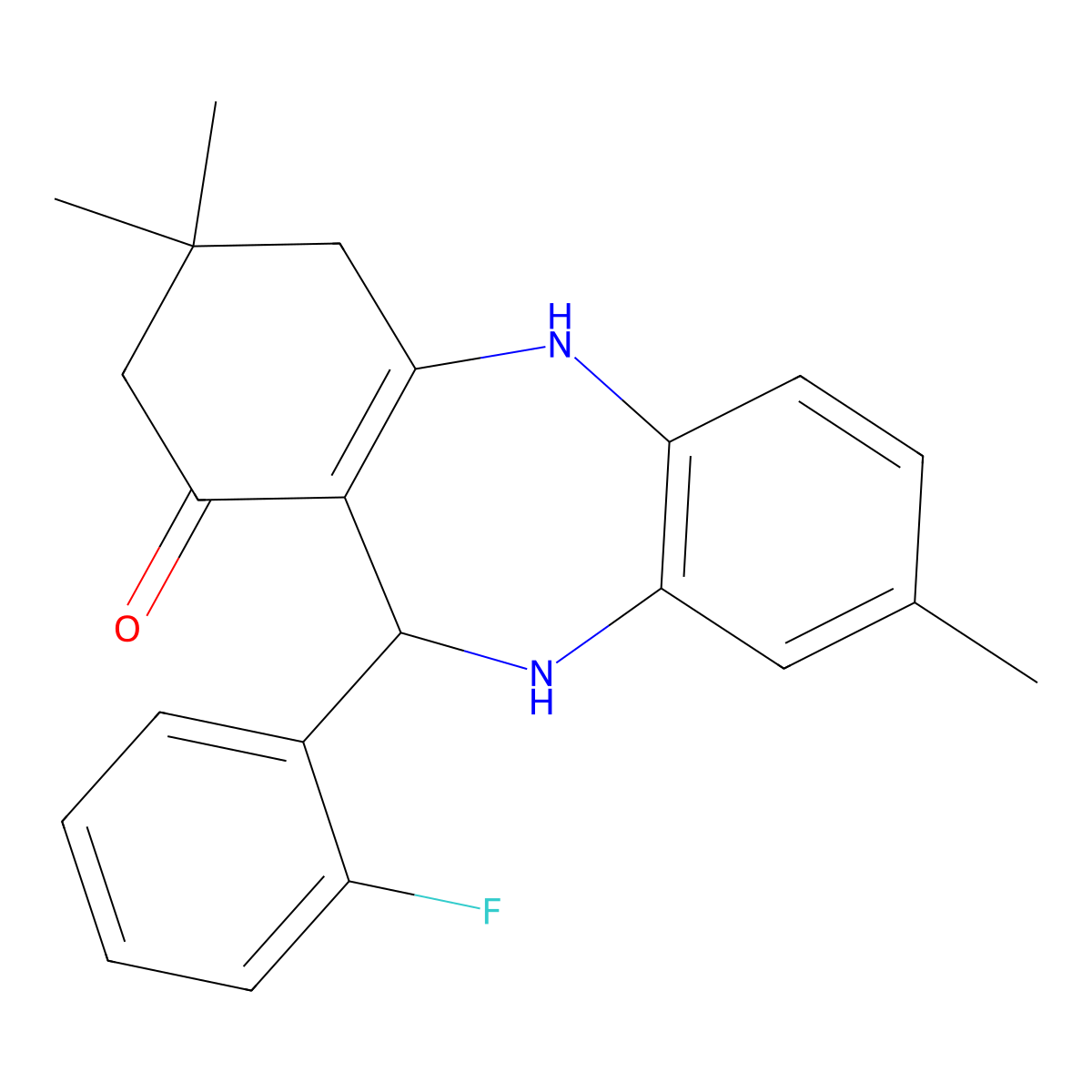 6-(2-fluorophenyl)-3,9,9-trimethyl-6,8,10,11-tetrahydro-5H-benzo[b][1,4]benzodiazepin-7-one molecular structure, CAS 1020252-13-4