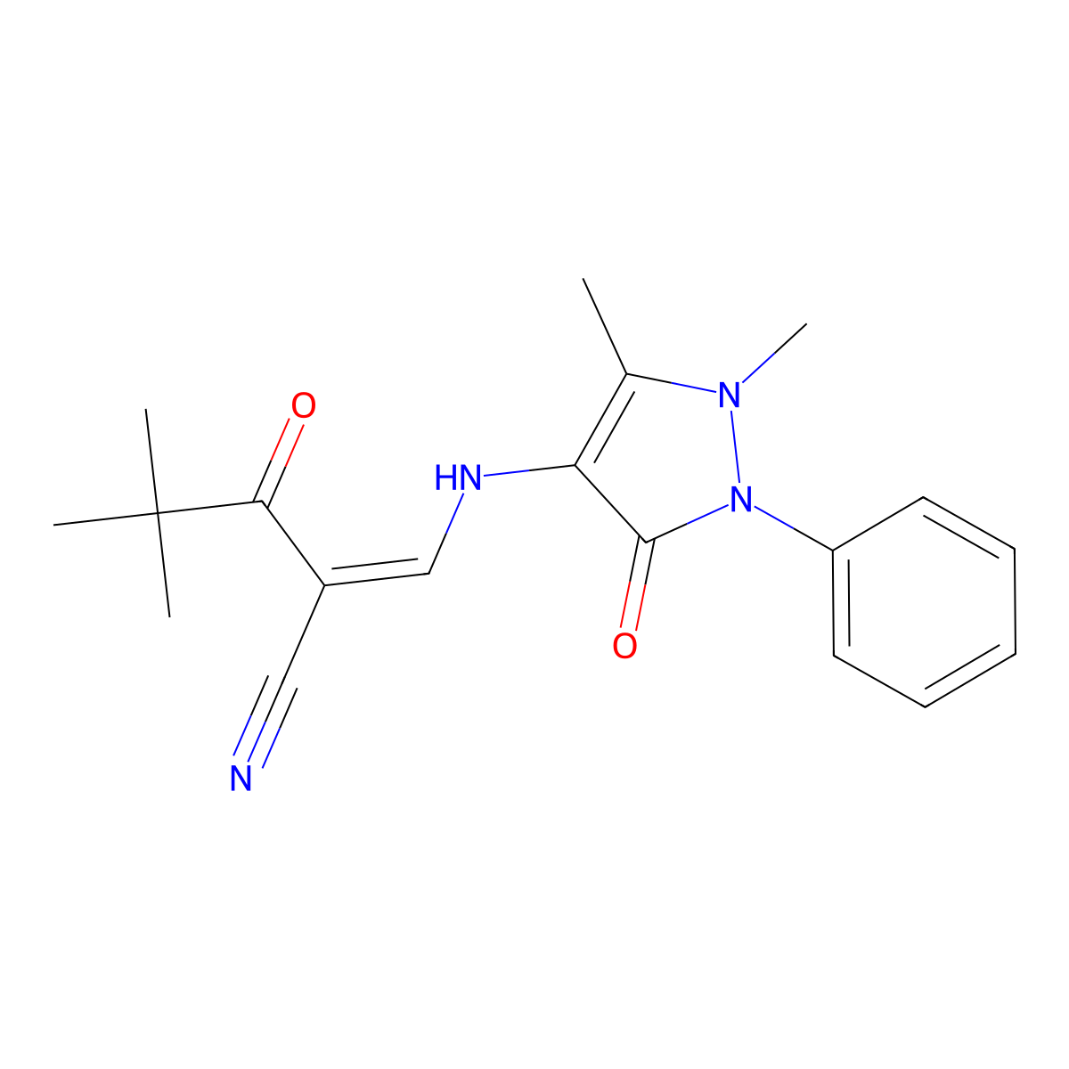 (E)-3-[(1,5-dimethyl-3-oxo-2-phenyl-2,3-dihydro-1H-pyrazol-4-yl)amino]-2-(2,2-dimethylpropanoyl)-2-propenenitrile molecular structure, CAS 1020252-20-3