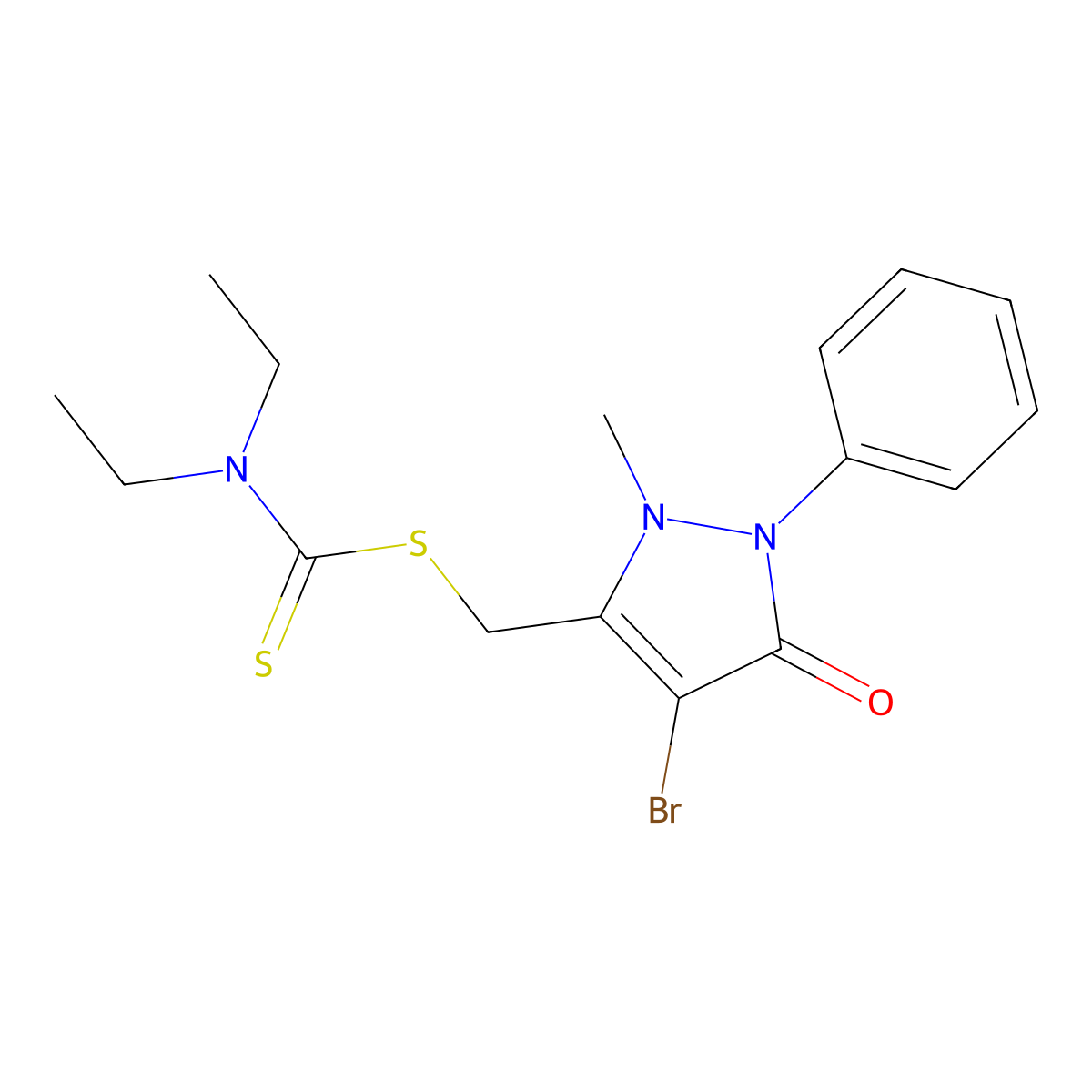 (4-bromo-2-methyl-5-oxo-1-phenyl-2,5-dihydro-1H-pyrazol-3-yl)methyl N,N-diethylcarbamodithioate molecular structure, CAS 1020252-44-1