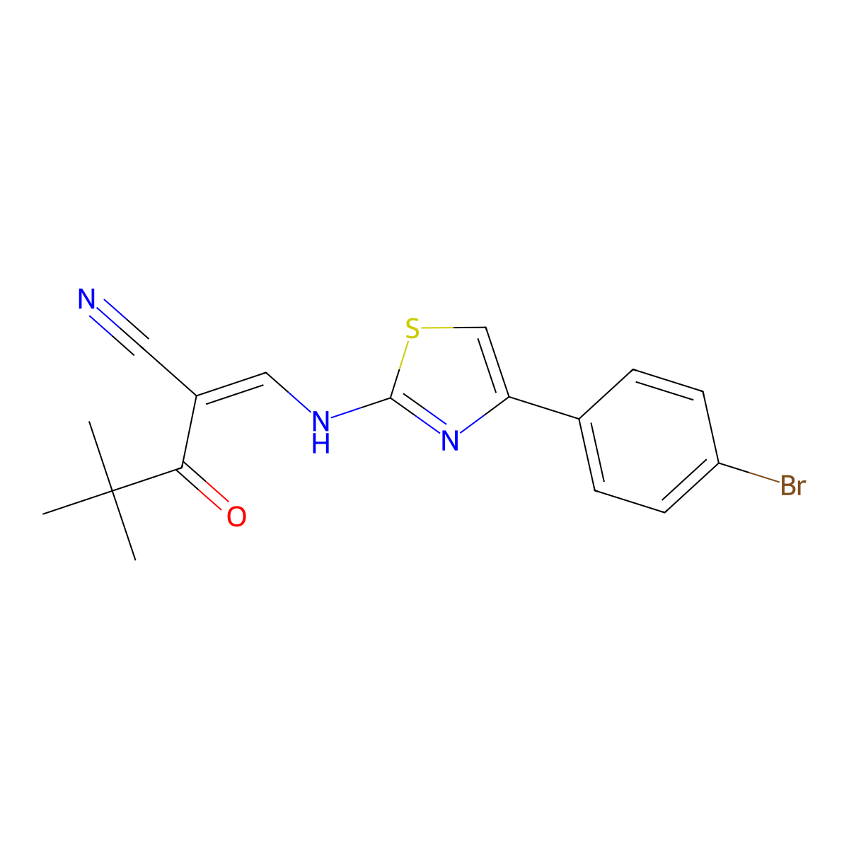 (Z)-3-{[4-(4-bromophenyl)-1,3-thiazol-2-yl]amino}-2-(2,2-dimethylpropanoyl)-2-propenenitrile molecular structure, CAS 1020252-68-9