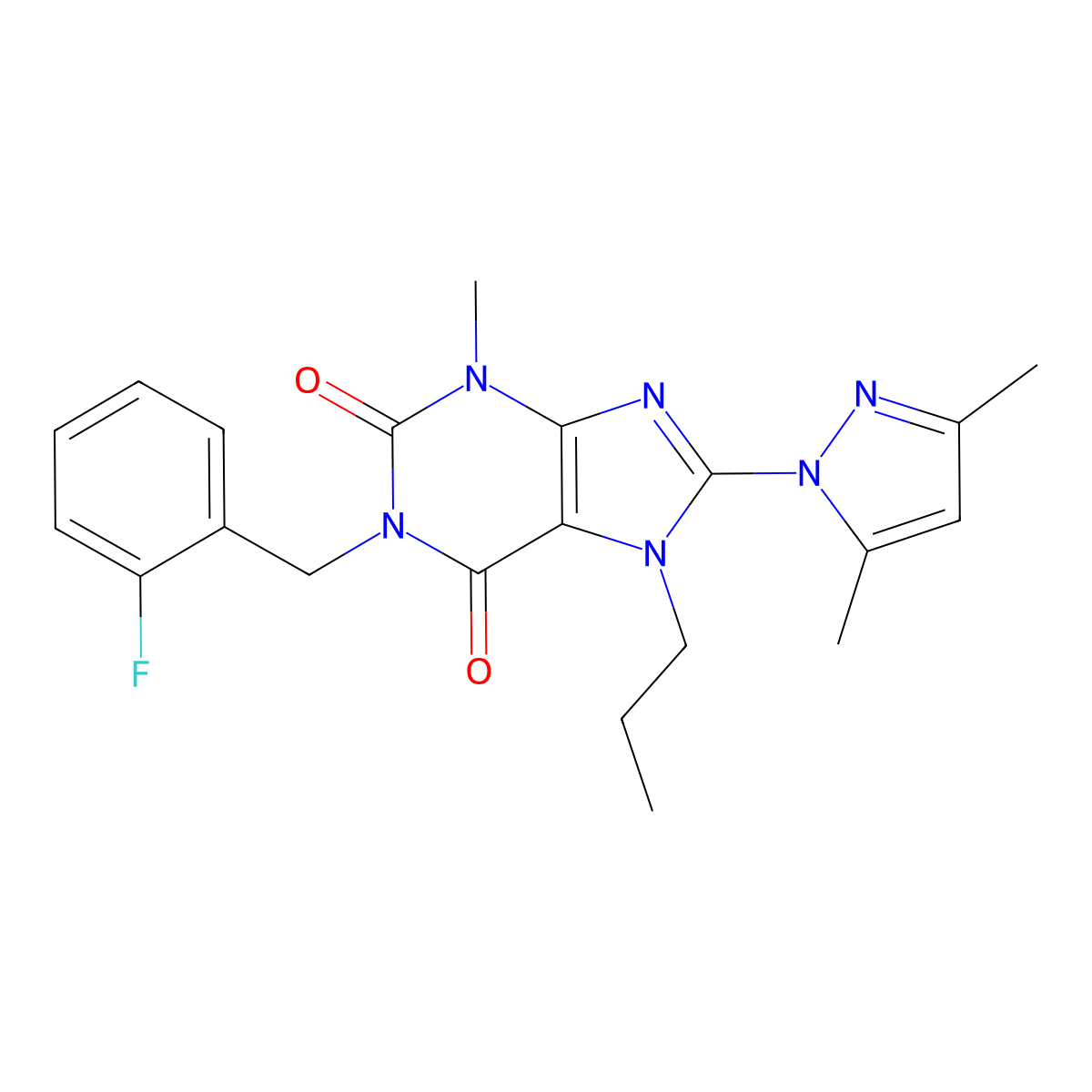 8-(3,5-dimethyl-1H-pyrazol-1-yl)-1-(2-fluorobenzyl)-3-methyl-7-propyl-1H-purine-2,6(3H,7H)-dione molecular structure, CAS 1020453-27-3