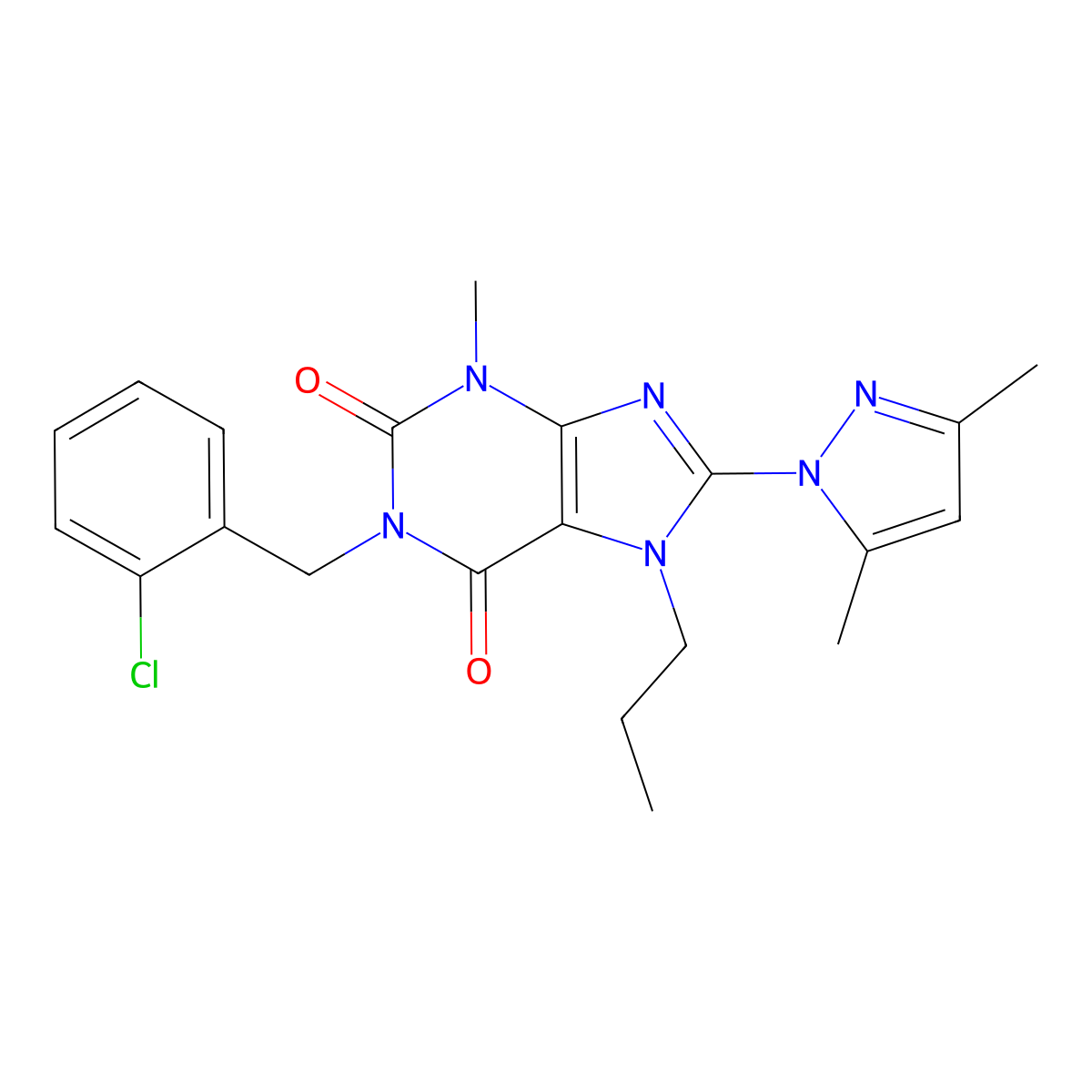 1-(2-chlorobenzyl)-8-(3,5-dimethyl-1H-pyrazol-1-yl)-3-methyl-7-propyl-1H-purine-2,6(3H,7H)-dione molecular structure, CAS 1020453-30-8