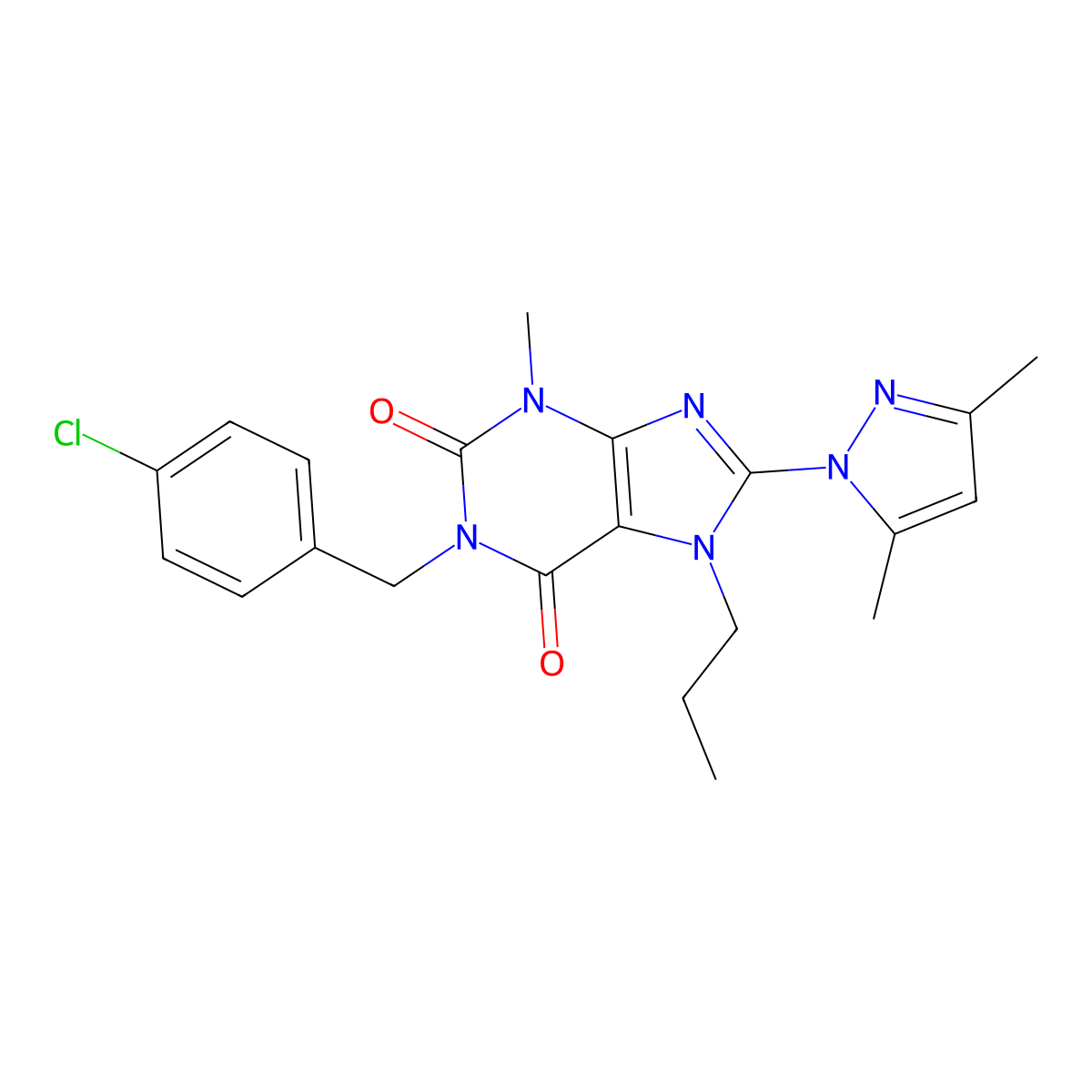 1-(4-chlorobenzyl)-8-(3,5-dimethyl-1H-pyrazol-1-yl)-3-methyl-7-propyl-1H-purine-2,6(3H,7H)-dione molecular structure, CAS 1020453-32-0