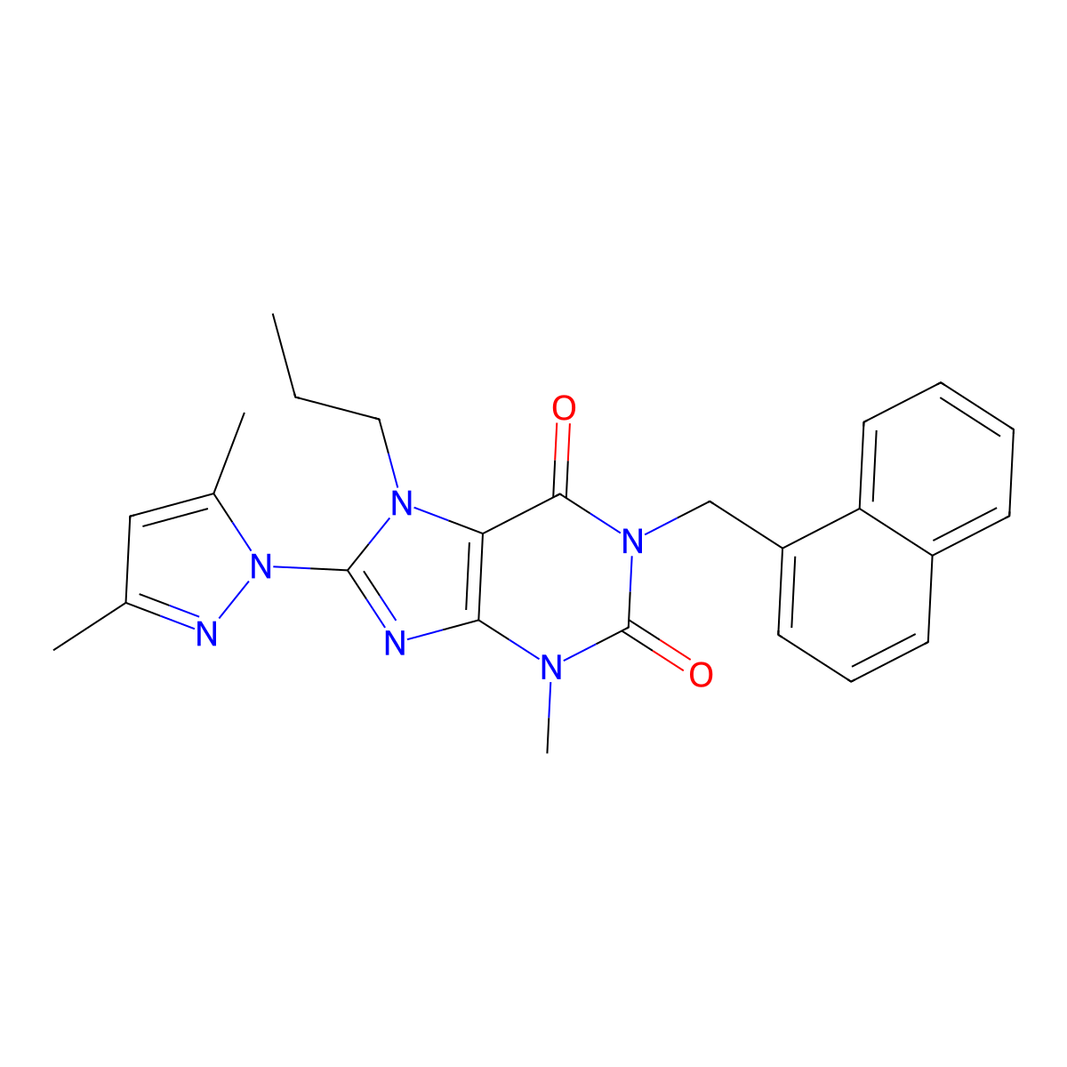 8-(3,5-dimethyl-1H-pyrazol-1-yl)-3-methyl-1-(naphthalen-1-ylmethyl)-7-propyl-1H-purine-2,6(3H,7H)-dione molecular structure, CAS 1020453-34-2