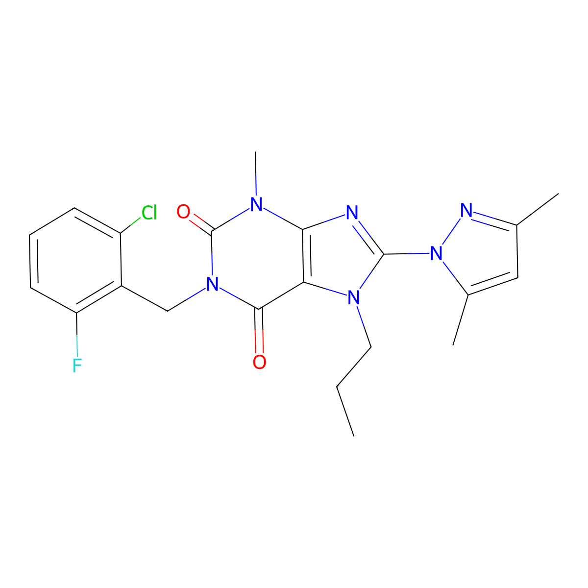 1-(2-chloro-6-fluorobenzyl)-8-(3,5-dimethyl-1H-pyrazol-1-yl)-3-methyl-7-propyl-1H-purine-2,6(3H,7H)-dione molecular structure, CAS 1020453-36-4