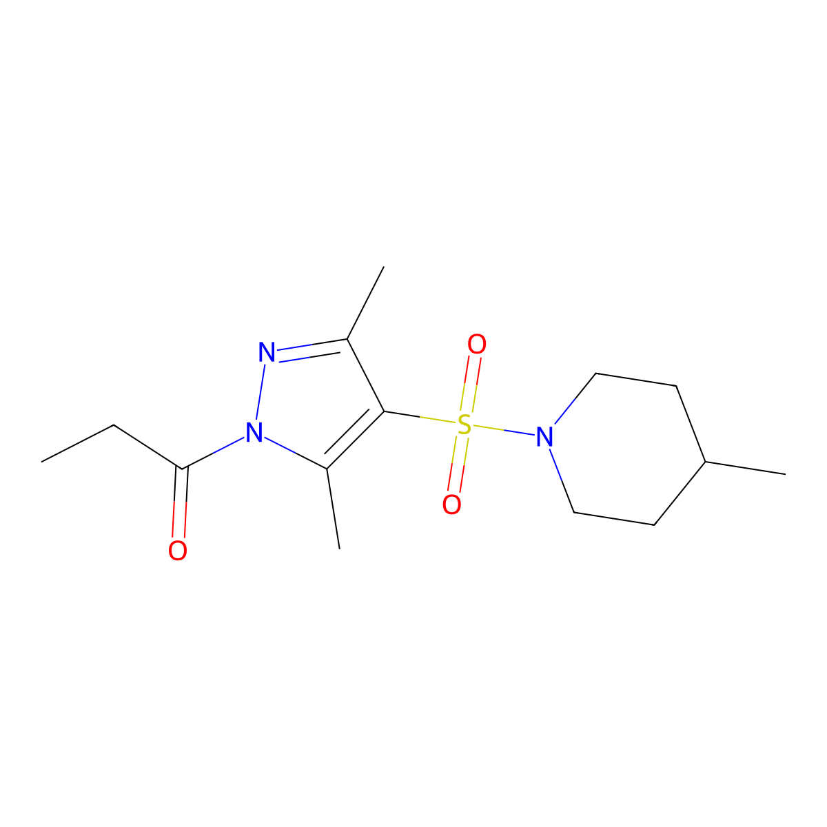 1-(3,5-dimethyl-4-((4-methylpiperidin-1-yl)sulfonyl)-1H-pyrazol-1-yl)propan-1-one molecular structure, CAS 1020453-38-6