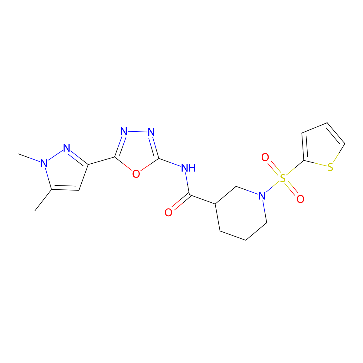 N-(5-(1,5-dimethyl-1H-pyrazol-3-yl)-1,3,4-oxadiazol-2-yl)-1-(thiophen-2-ylsulfonyl)piperidine-3-carboxamide molecular structure, CAS 1020453-42-2