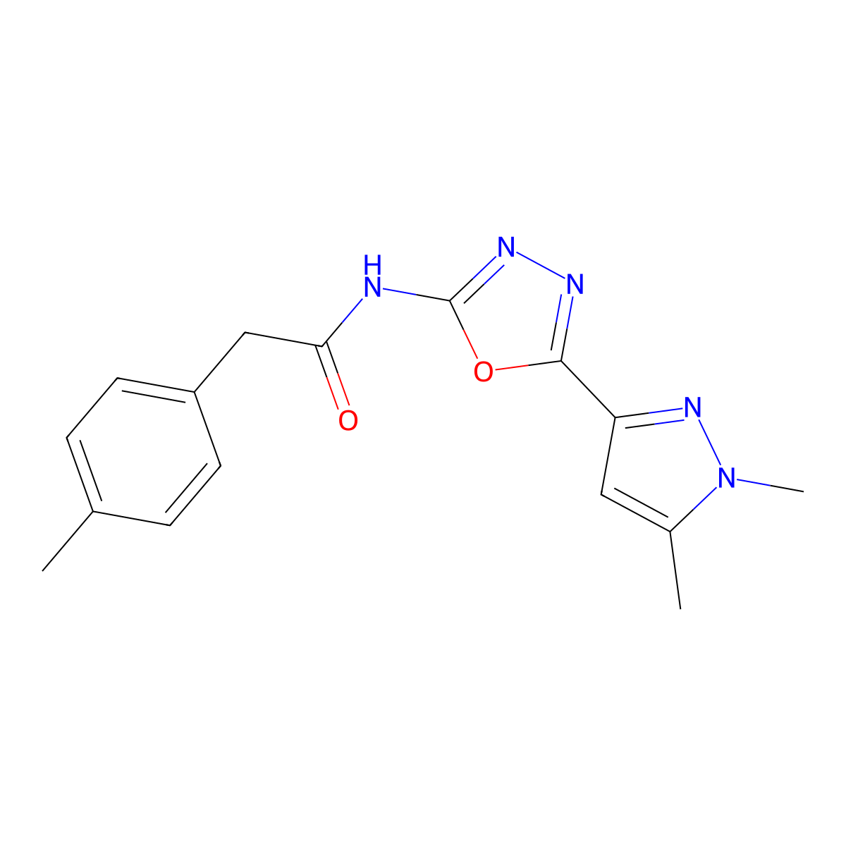 N-[5-(1,5-dimethyl-1H-pyrazol-3-yl)-1,3,4-oxadiazol-2-yl]-2-(4-methylphenyl)acetamide molecular structure, CAS 1020453-44-4