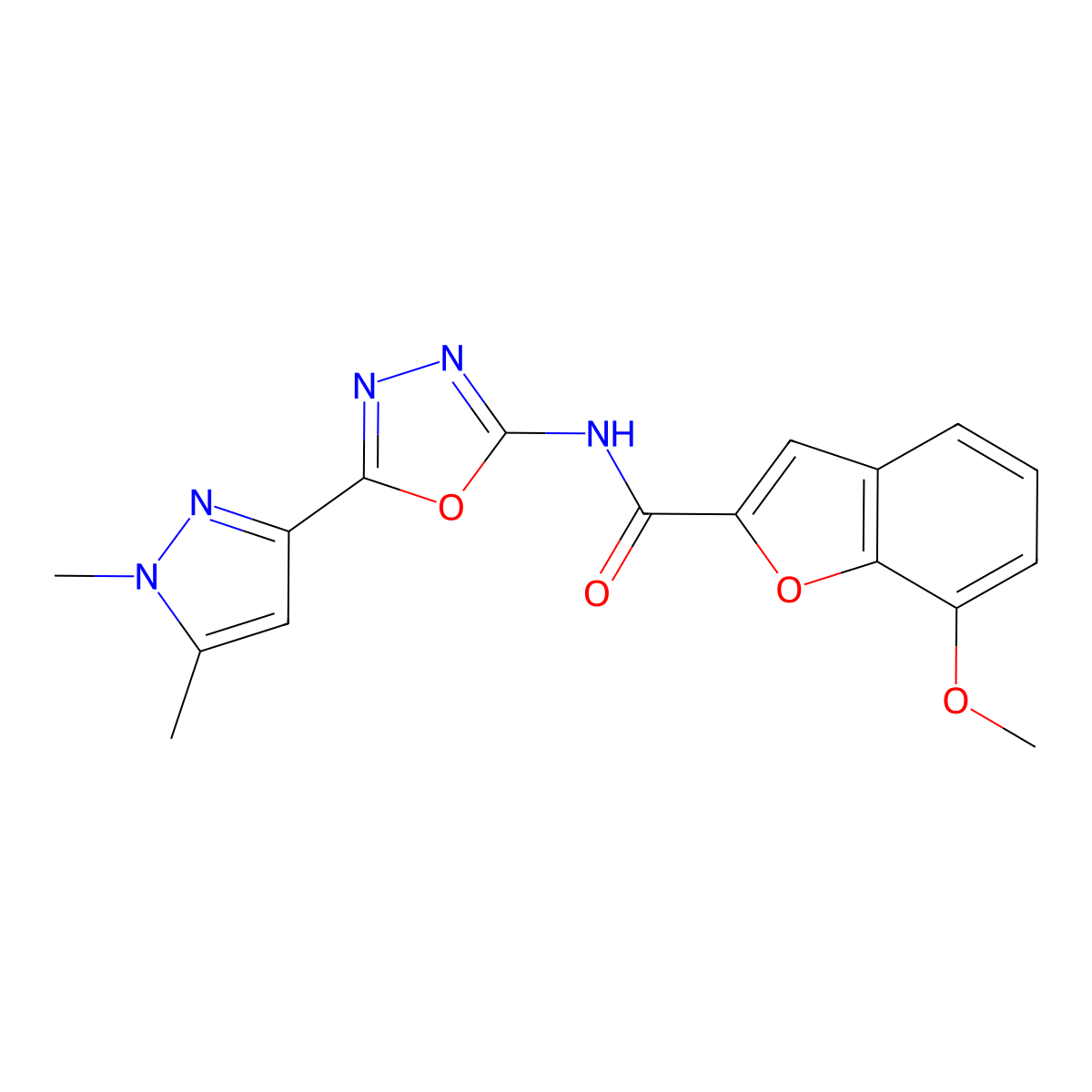 N-[5-(1,5-dimethyl-1H-pyrazol-3-yl)-1,3,4-oxadiazol-2-yl]-7-methoxy-1-benzofuran-2-carboxamide molecular structure, CAS 1020453-48-8