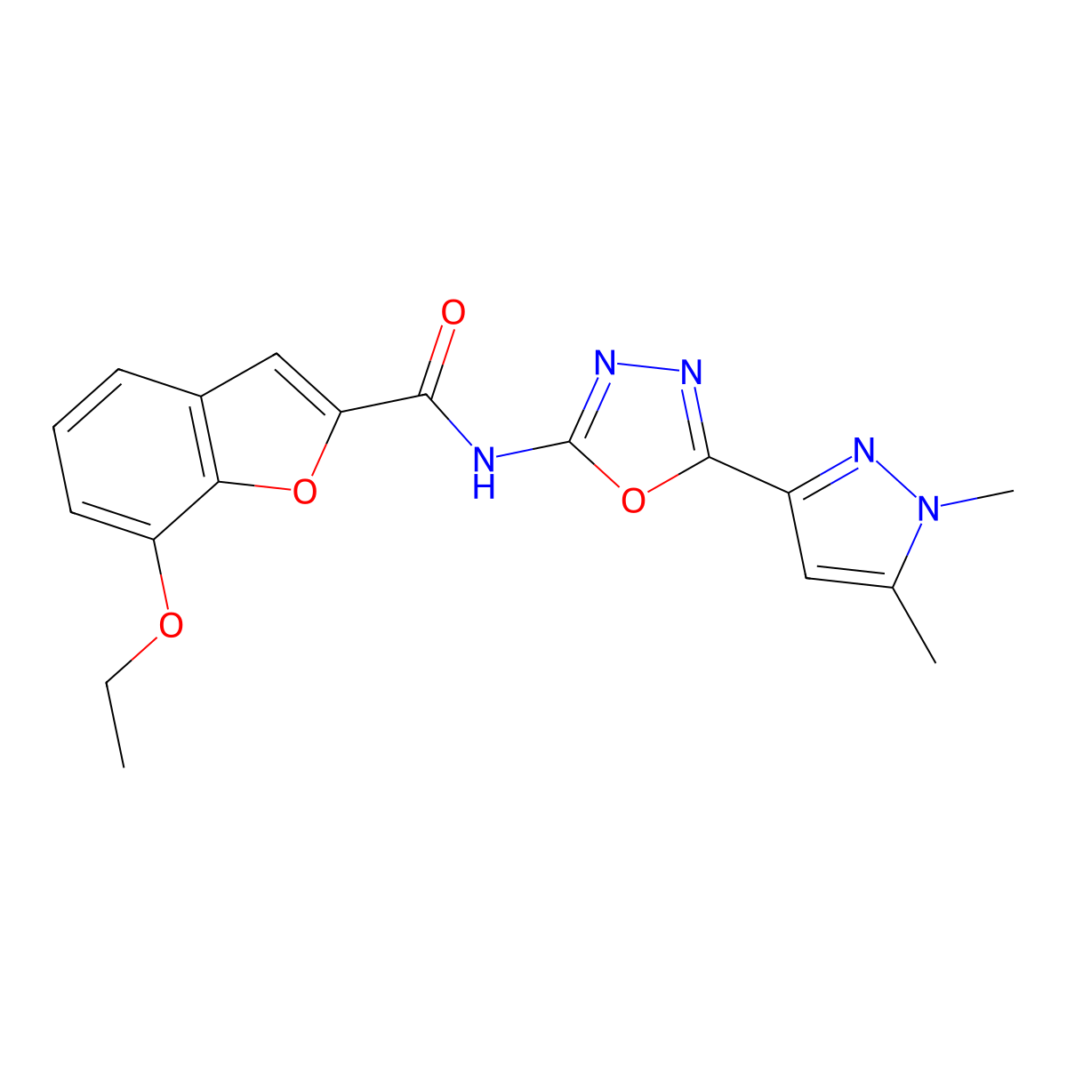 N-[5-(1,5-dimethyl-1H-pyrazol-3-yl)-1,3,4-oxadiazol-2-yl]-7-ethoxy-1-benzofuran-2-carboxamide molecular structure, CAS 1020453-50-2