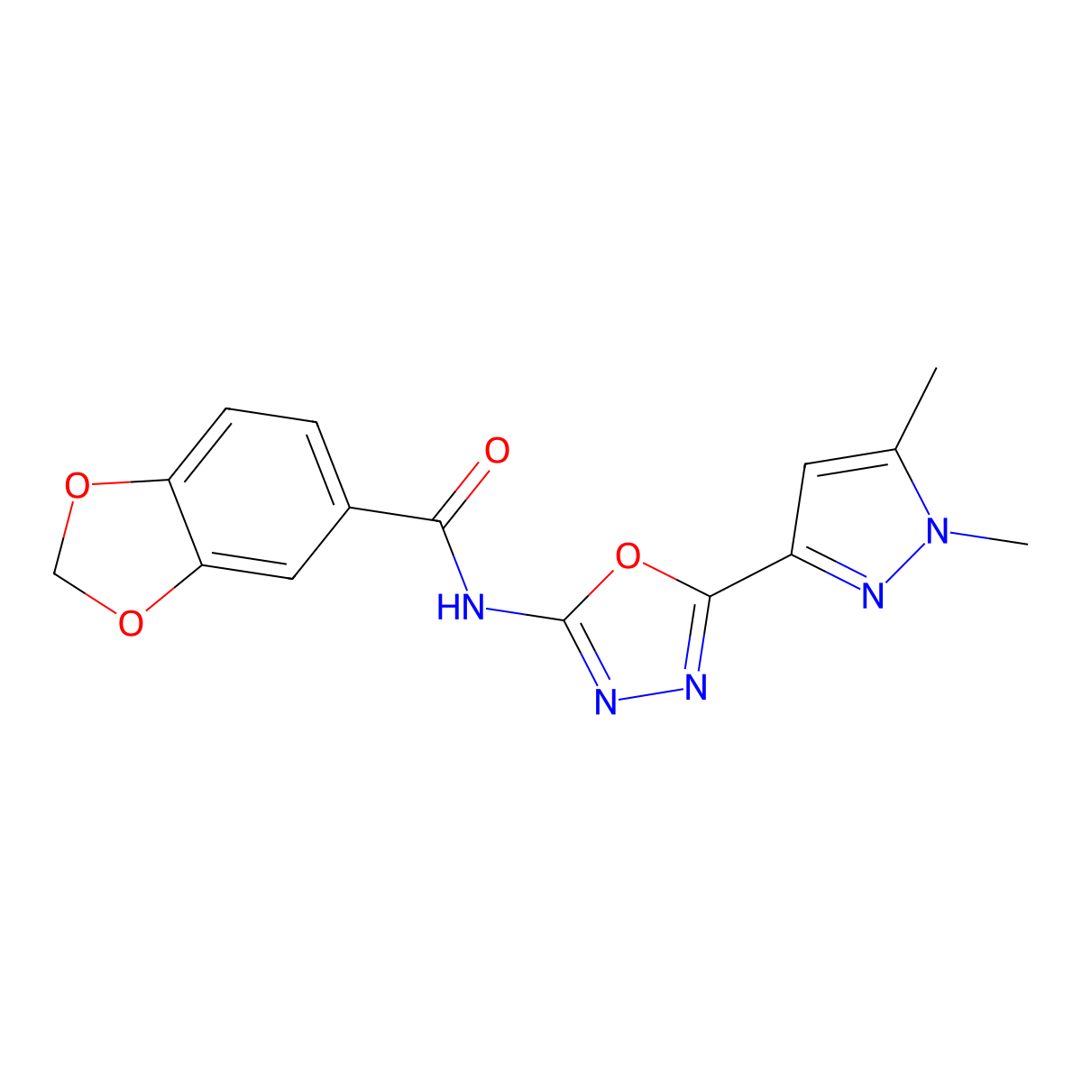N-[5-(1,5-dimethyl-1H-pyrazol-3-yl)-1,3,4-oxadiazol-2-yl]-2H-1,3-benzodioxole-5-carboxamide molecular structure, CAS 1020453-53-5
