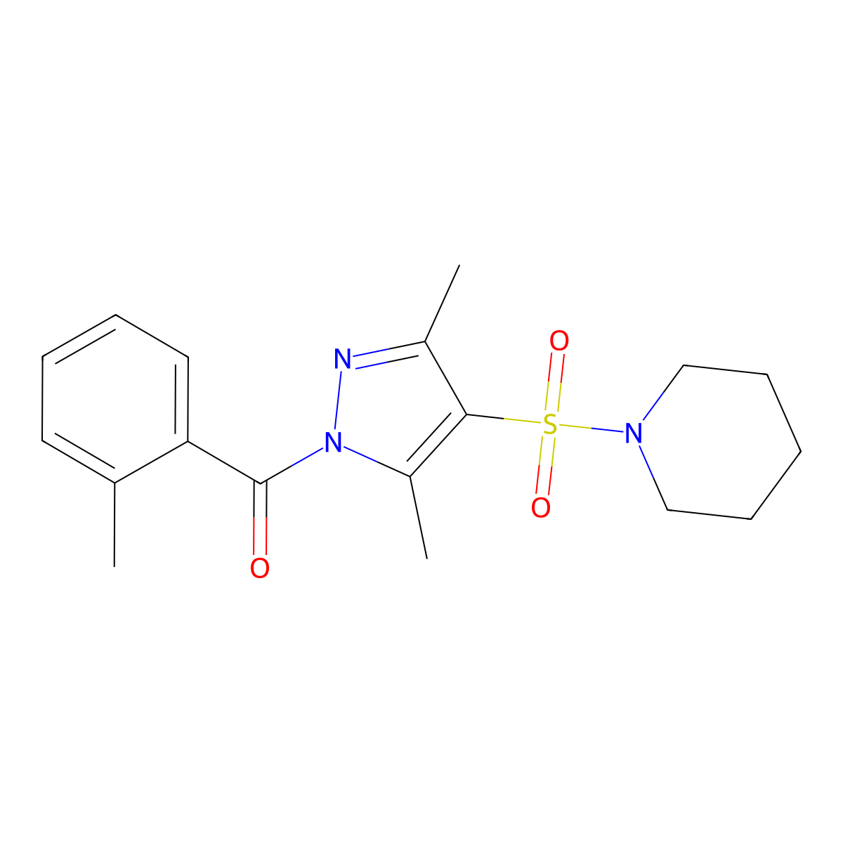(3,5-dimethyl-4-(piperidin-1-ylsulfonyl)-1H-pyrazol-1-yl)(o-tolyl)methanone molecular structure, CAS 1020453-54-6