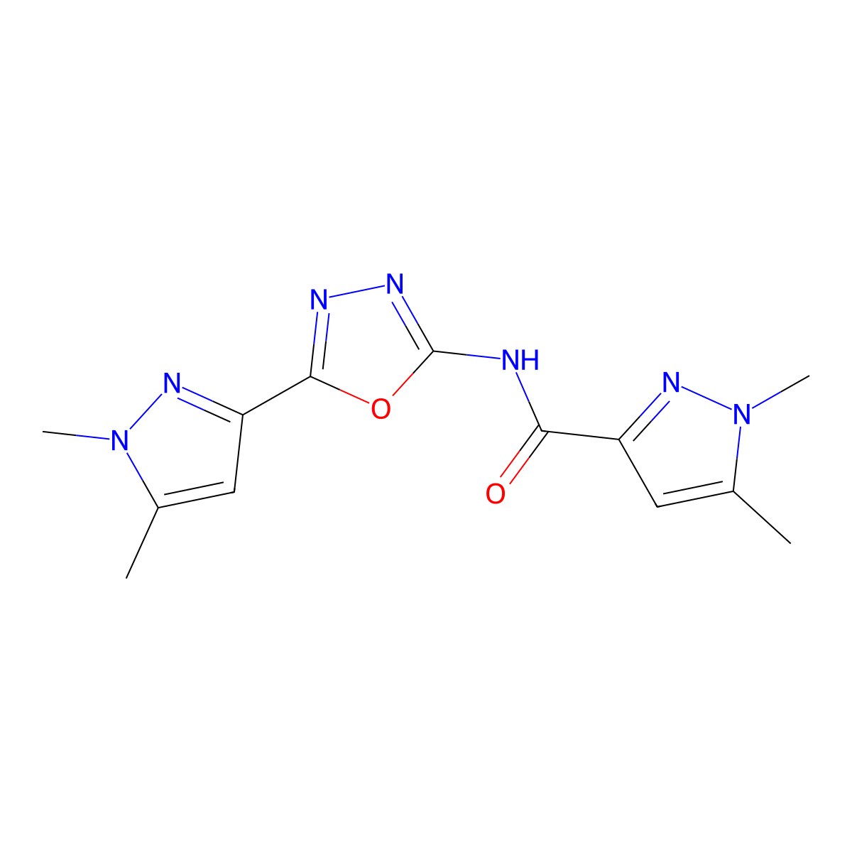 N-[5-(1,5-dimethyl-1H-pyrazol-3-yl)-1,3,4-oxadiazol-2-yl]-1,5-dimethyl-1H-pyrazole-3-carboxamide molecular structure, CAS 1020453-55-7