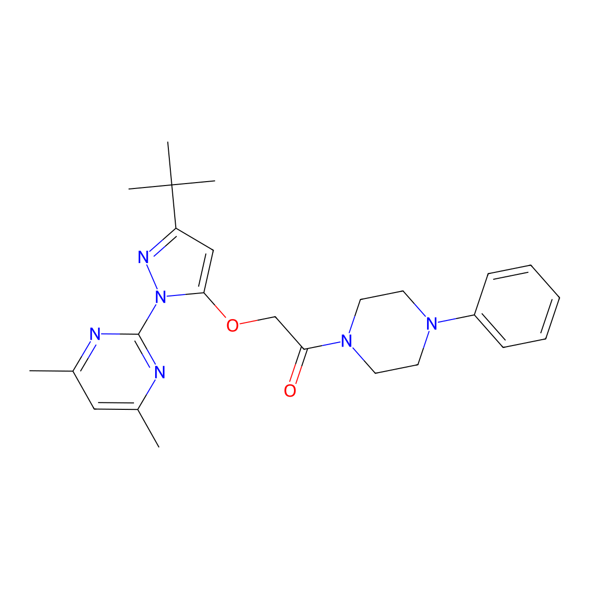 2-{[3-tert-butyl-1-(4,6-dimethylpyrimidin-2-yl)-1H-pyrazol-5-yl]oxy}-1-(4-phenylpiperazin-1-yl)ethan-1-one molecular structure, CAS 1020453-57-9