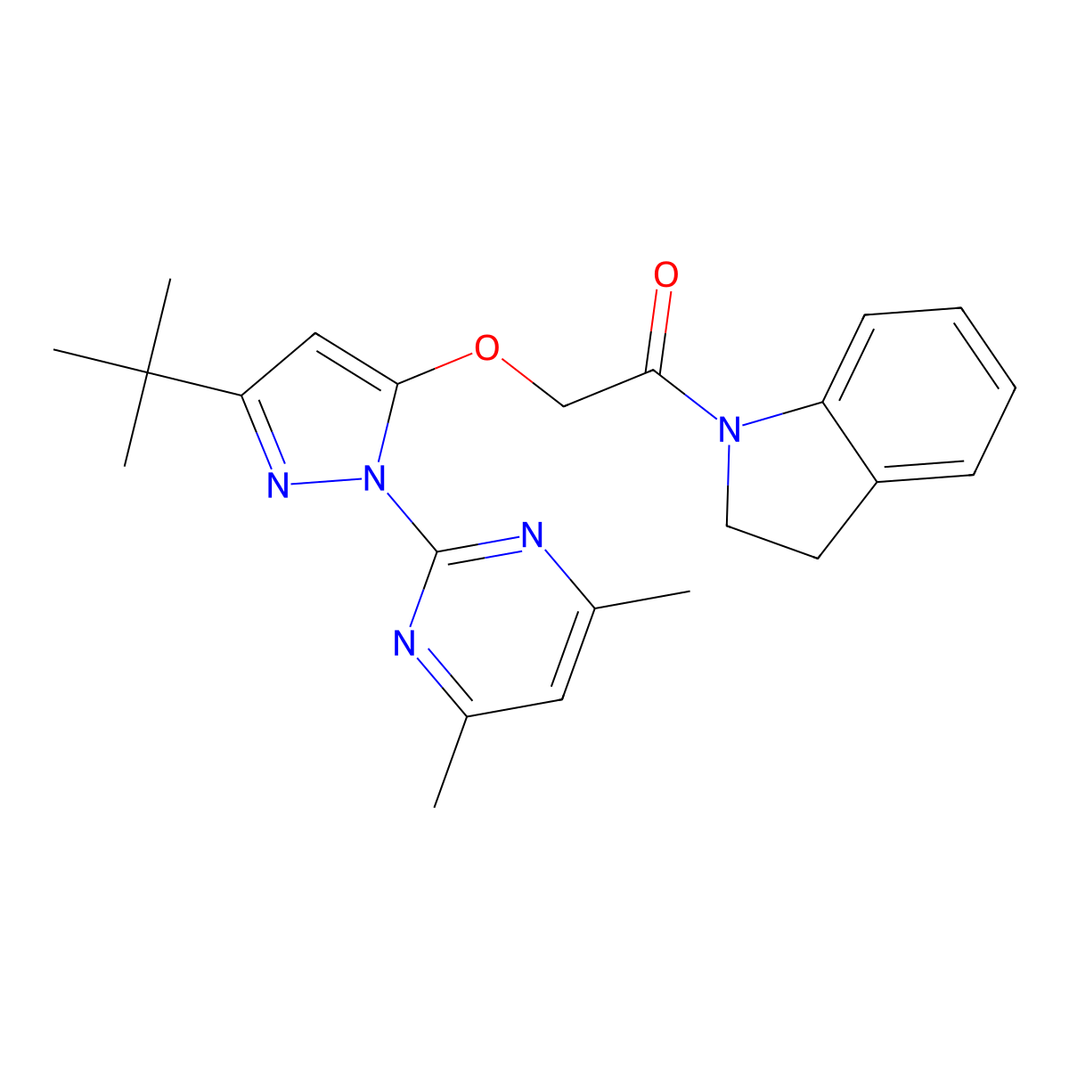 2-{[3-tert-butyl-1-(4,6-dimethylpyrimidin-2-yl)-1H-pyrazol-5-yl]oxy}-1-(2,3-dihydro-1H-indol-1-yl)ethan-1-one molecular structure, CAS 1020453-60-4