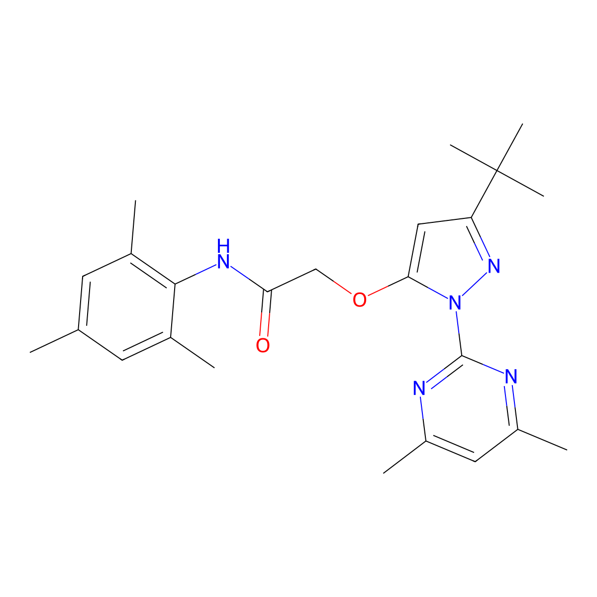 2-{[3-tert-butyl-1-(4,6-dimethylpyrimidin-2-yl)-1H-pyrazol-5-yl]oxy}-N-(2,4,6-trimethylphenyl)acetamide molecular structure, CAS 1020453-63-7